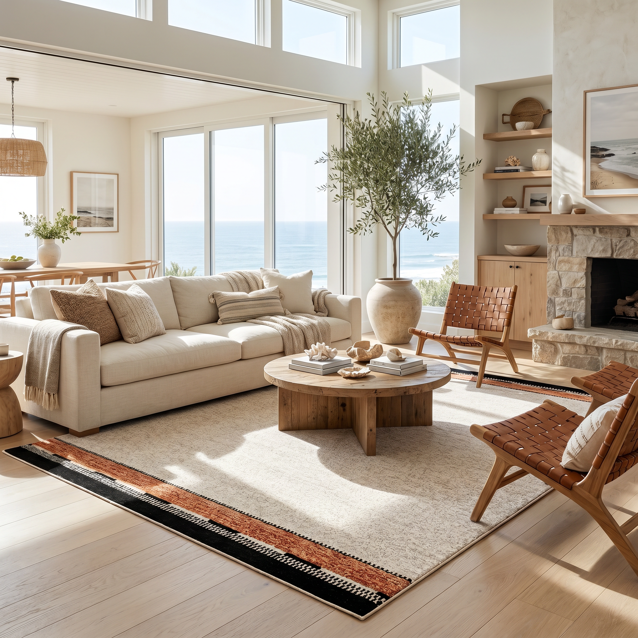 Cornice bordered rug in a bright coastal-modern living space