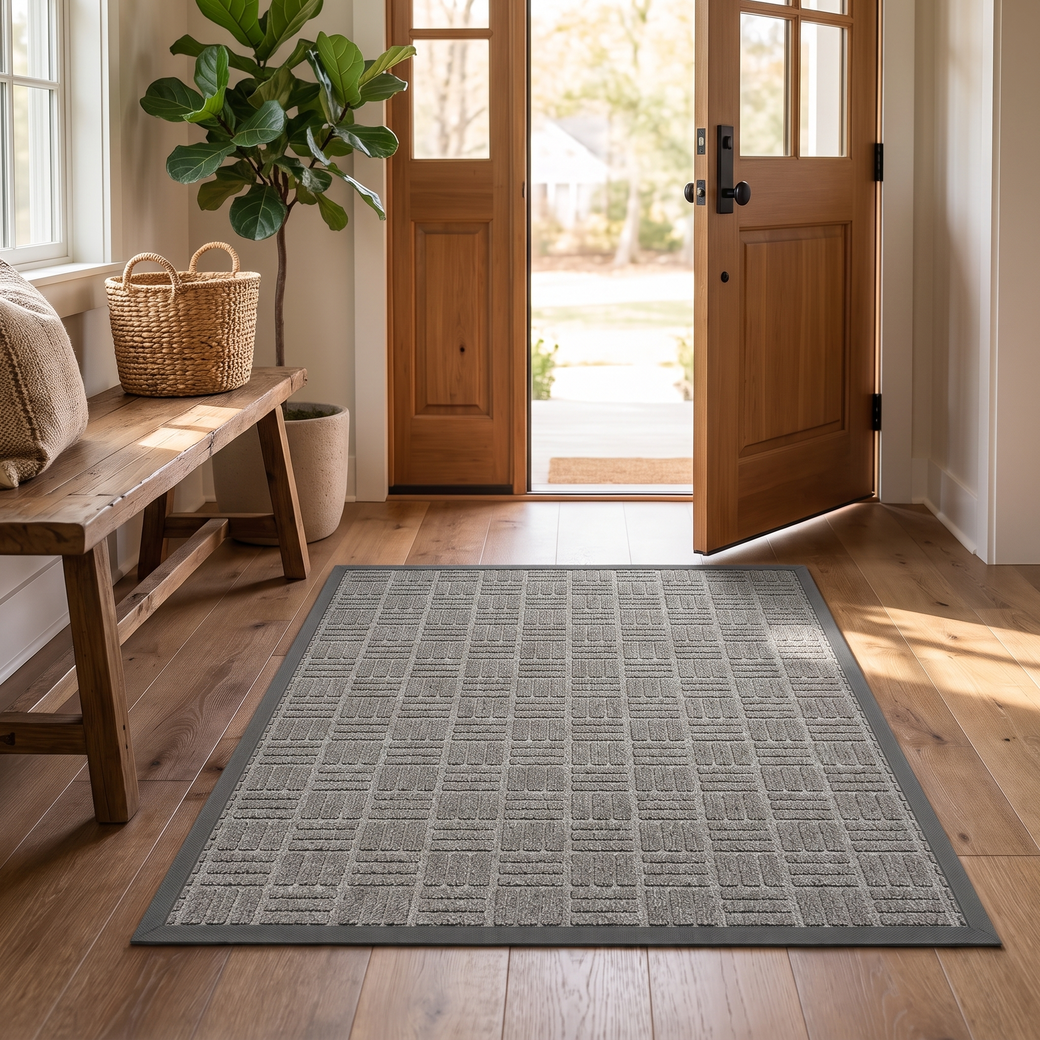 Portico gray doormat in a farmhouse entryway