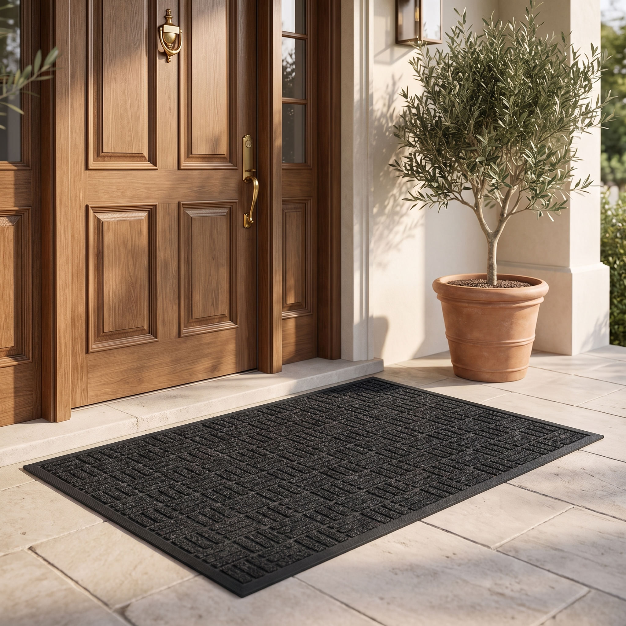 Portico black doormat on a covered porch entrance