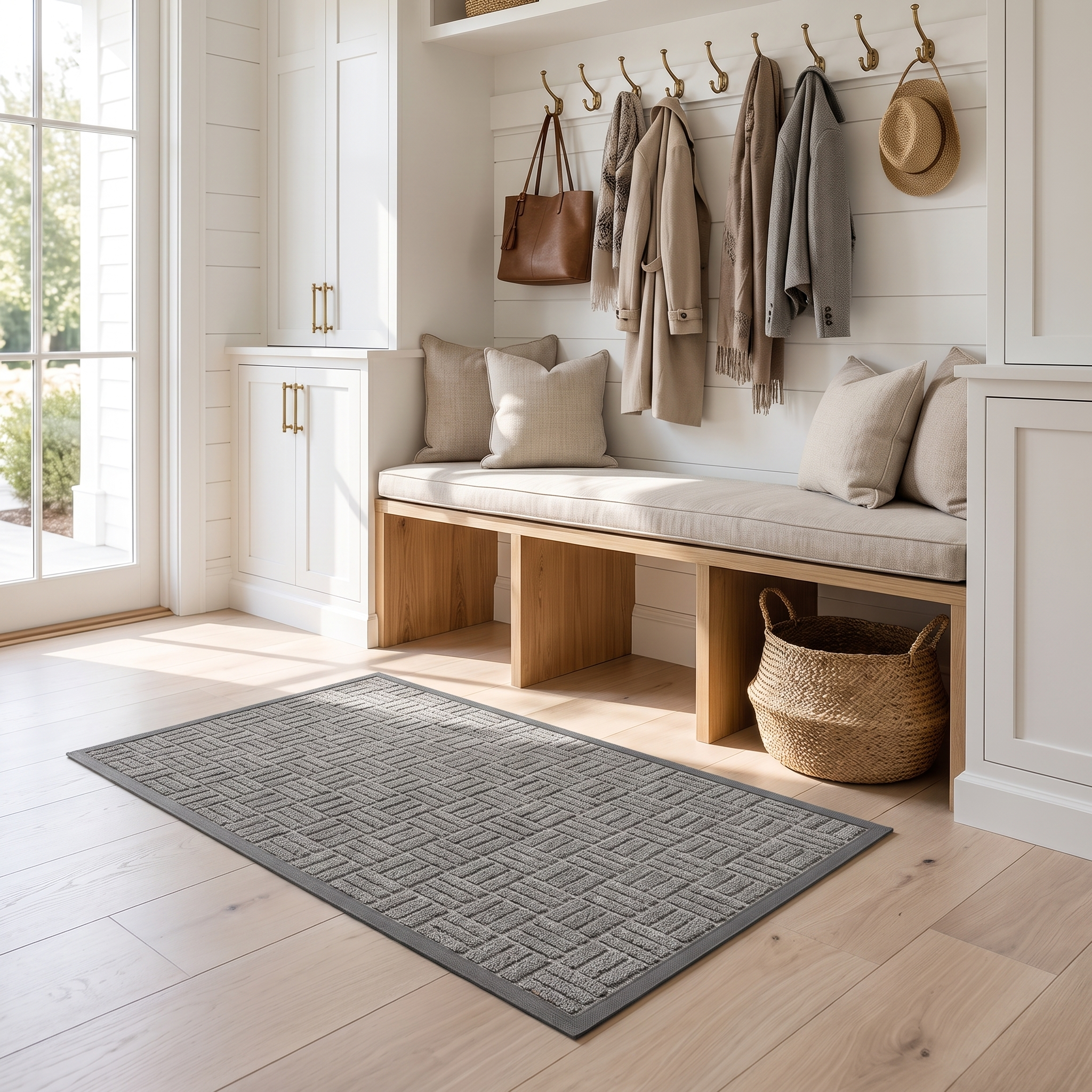 Portico gray doormat in a mudroom entry