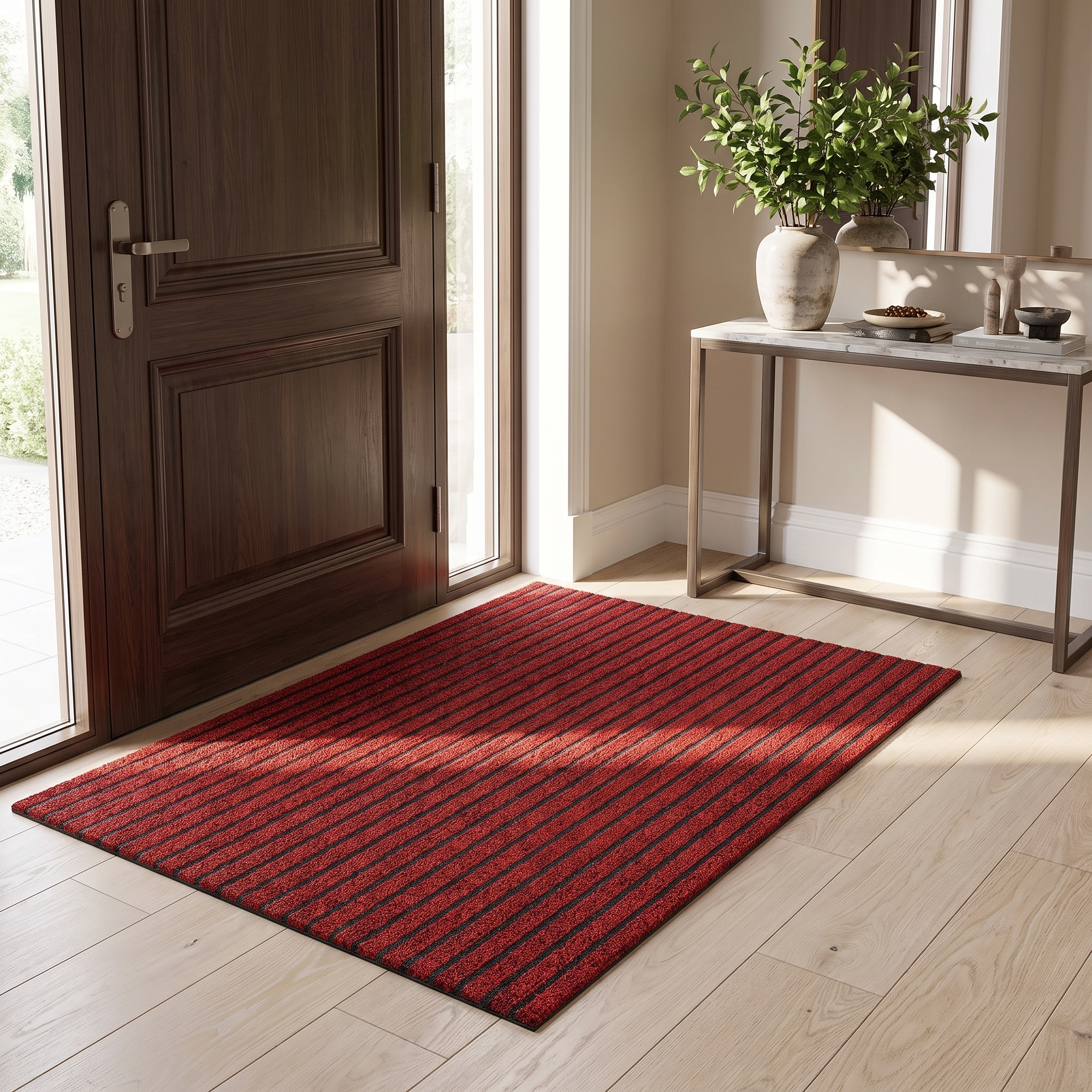 Red ribbed doormat in a modern front-door entryway