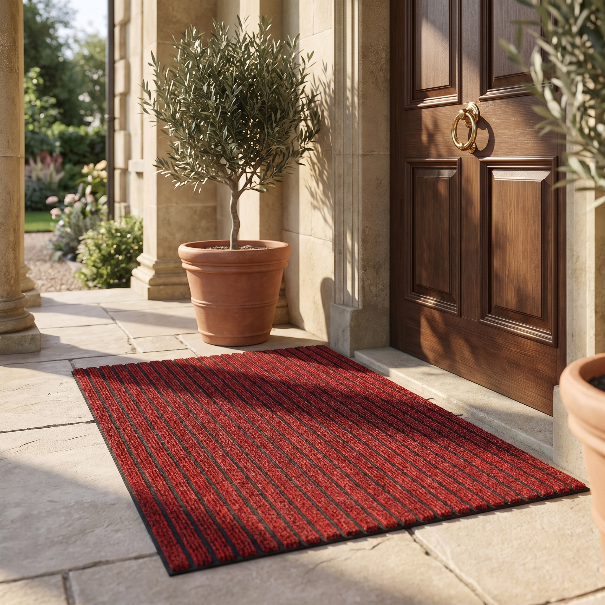 Red ribbed doormat on a covered porch entrance