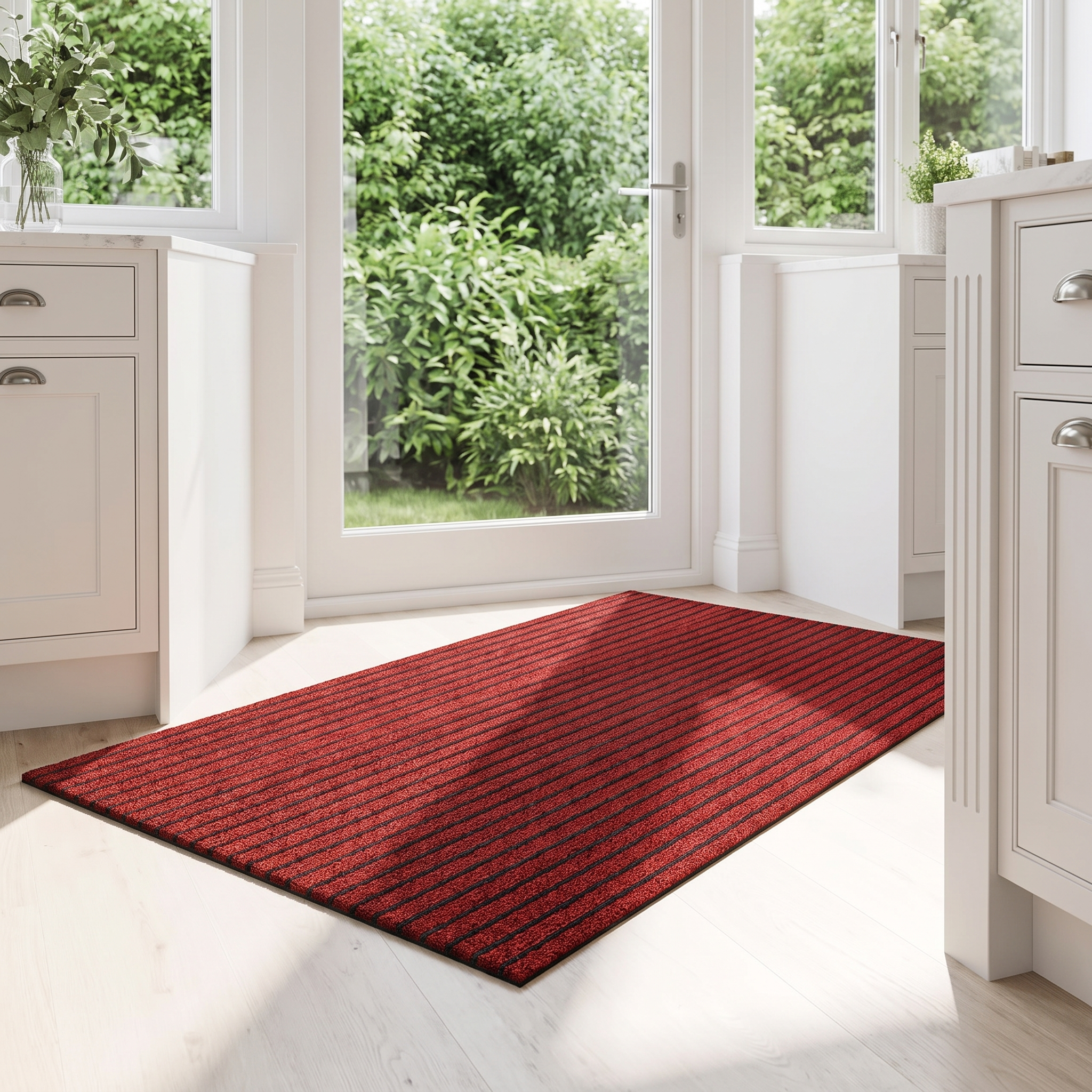 Red ribbed doormat at a bright kitchen back door