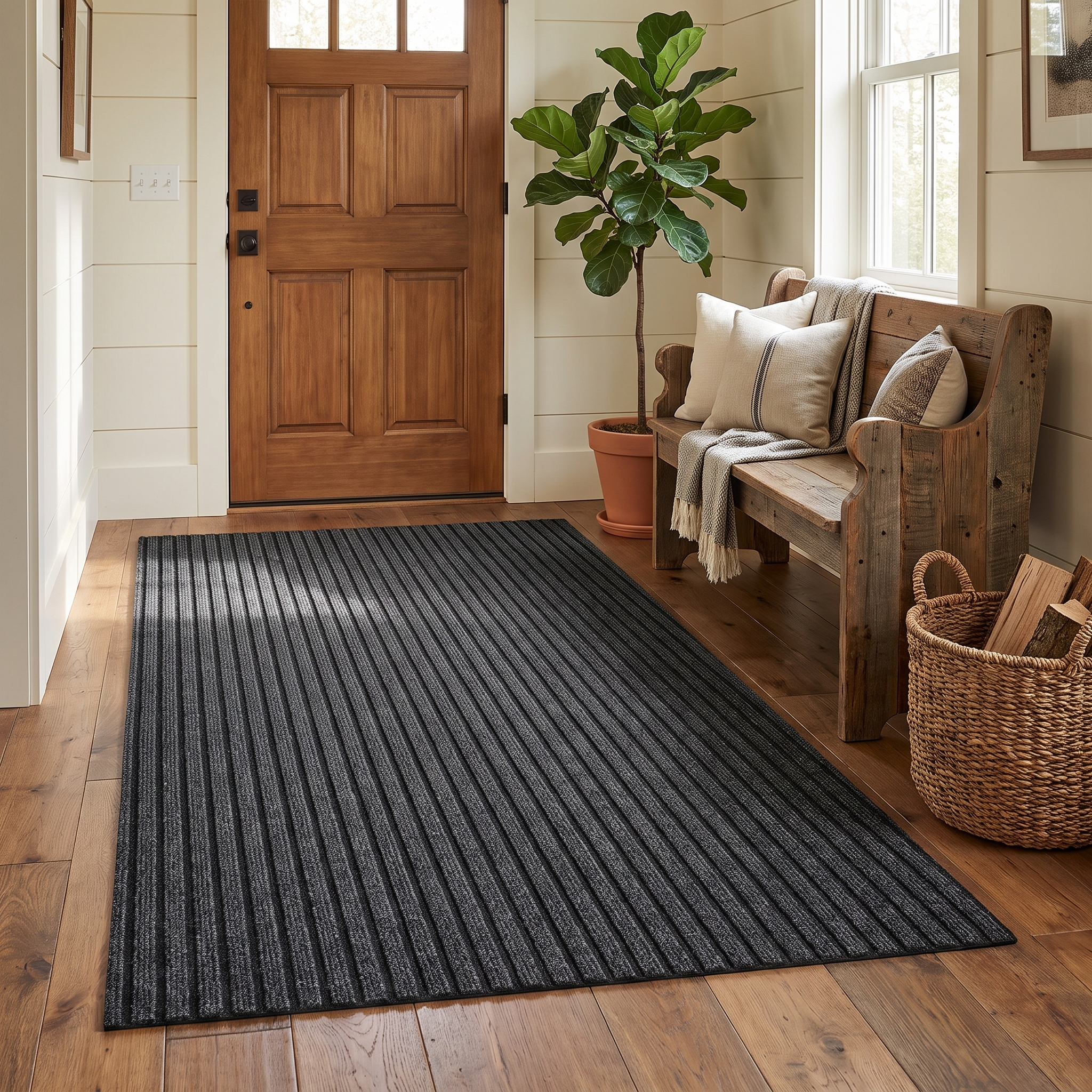 Charcoal gray ribbed doormat in a farmhouse entryway