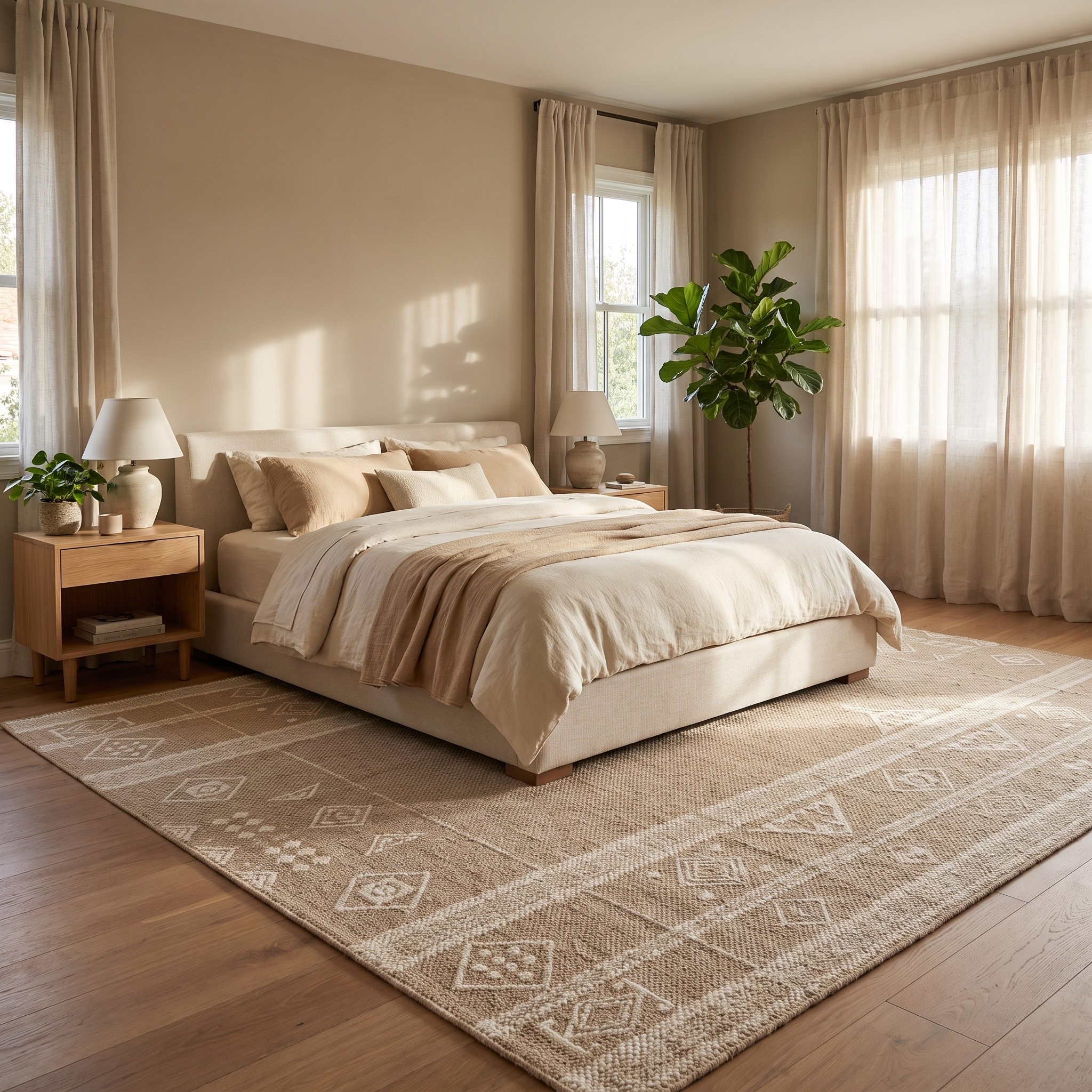 Duna Sabbia wool area rug in a calm modern bedroom