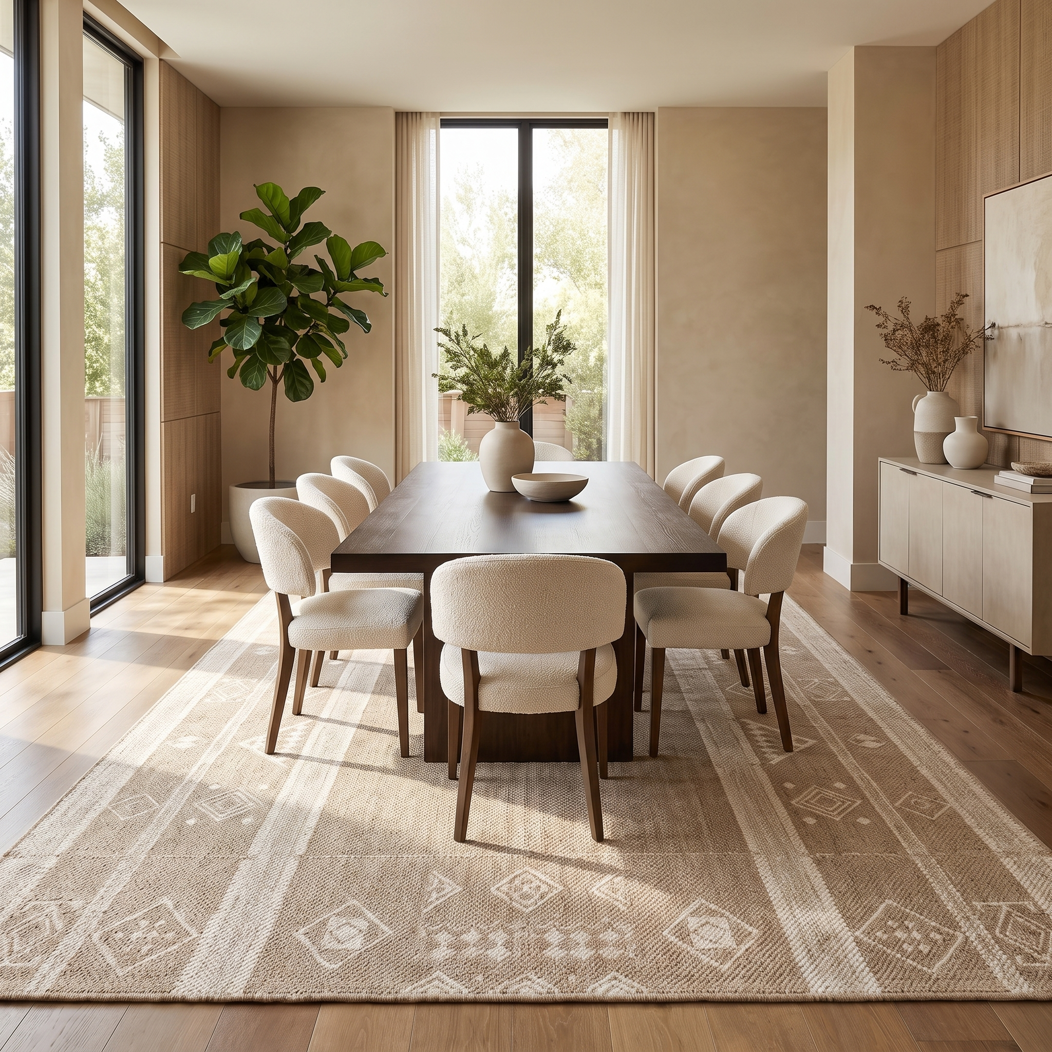 Duna Sabbia wool area rug in an elegant dining room