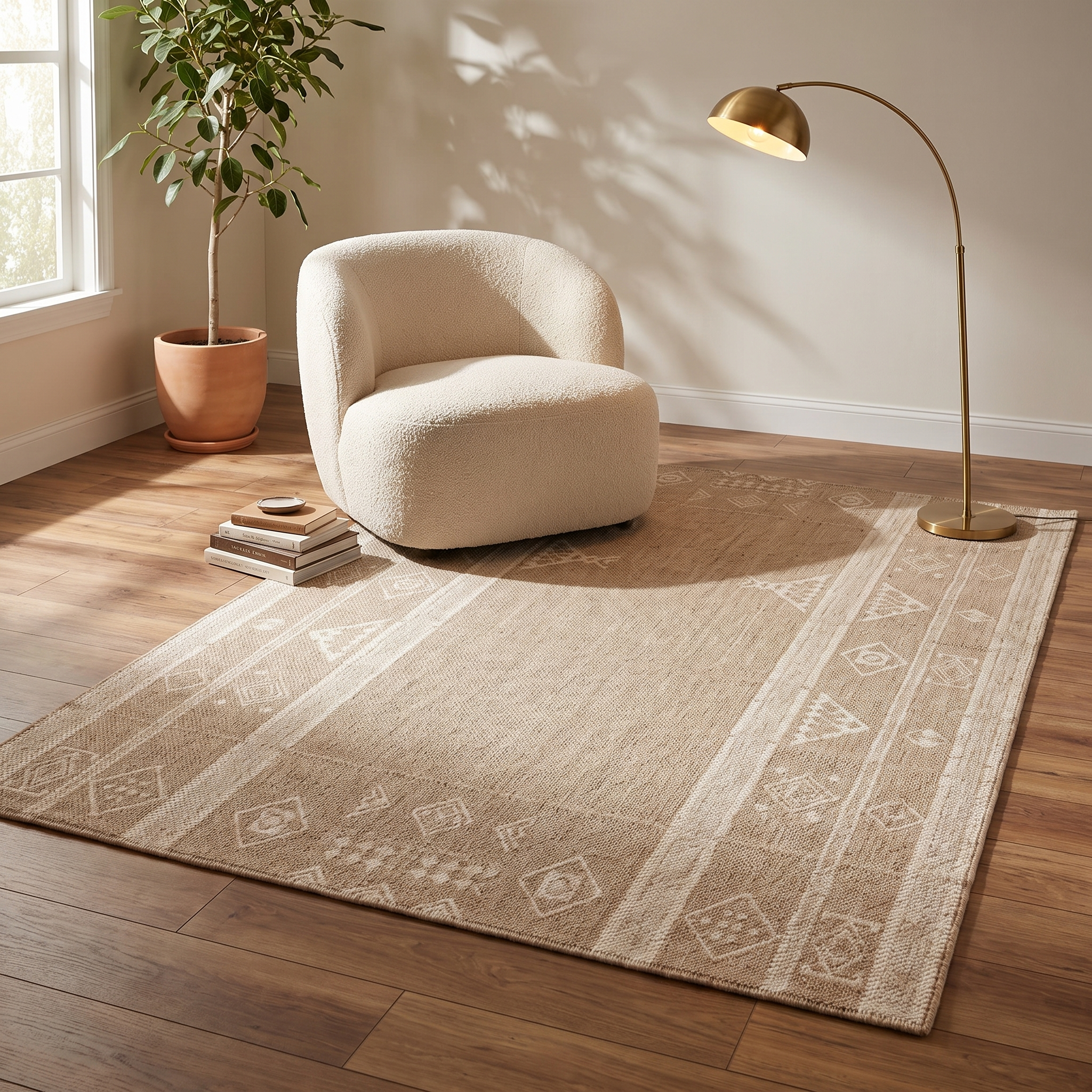 Duna Sabbia wool area rug in a cozy reading nook