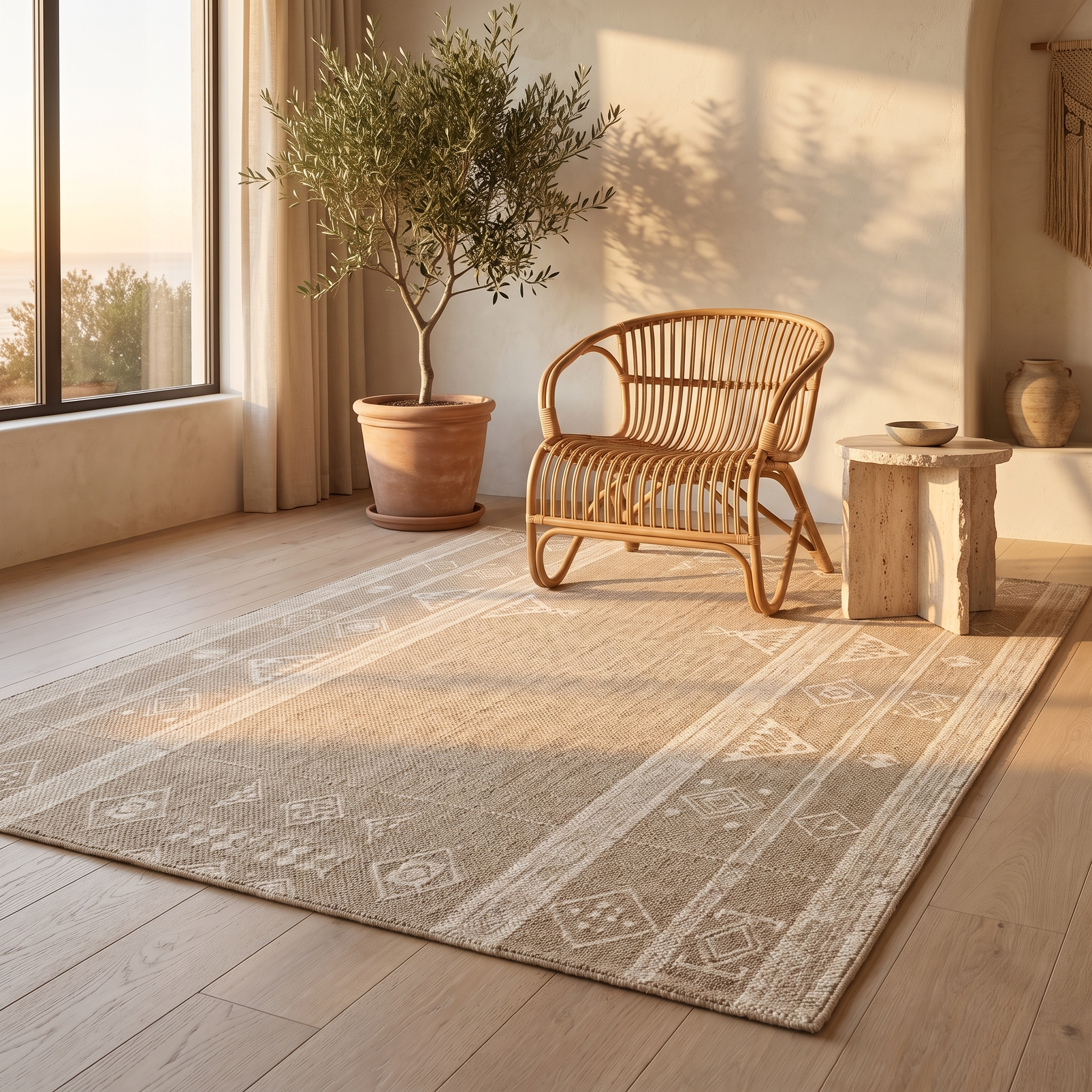 Duna Sabbia wool area rug in a coastal-organic living room at golden hour