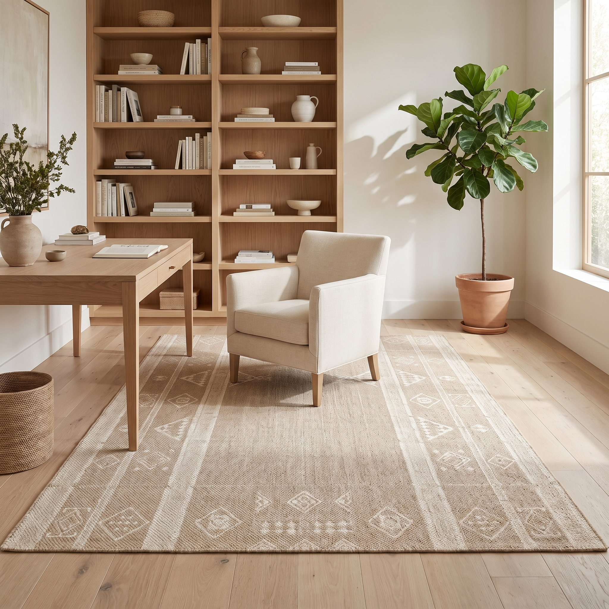 Duna Sabbia wool area rug in a serene home study