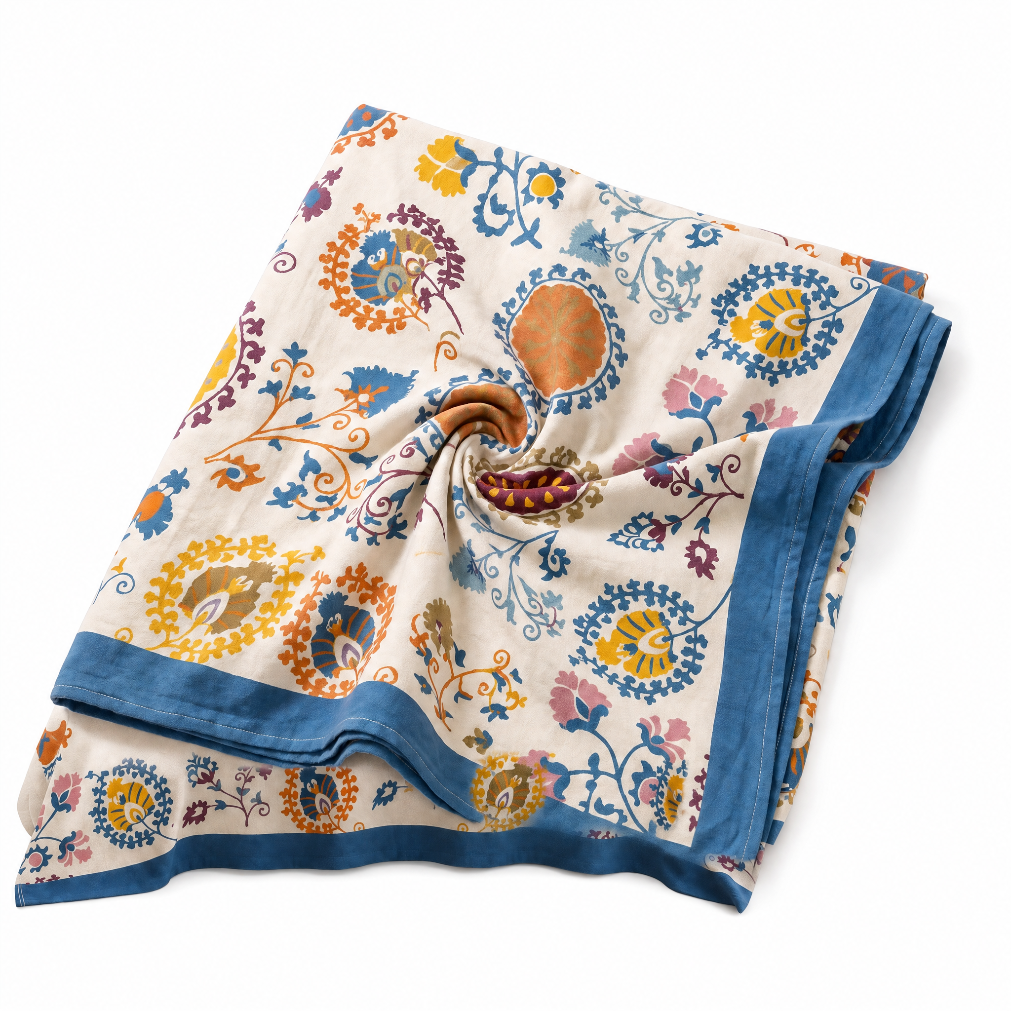 Avorio Fiorito cream boho Suzani floral cotton throw blanket on white