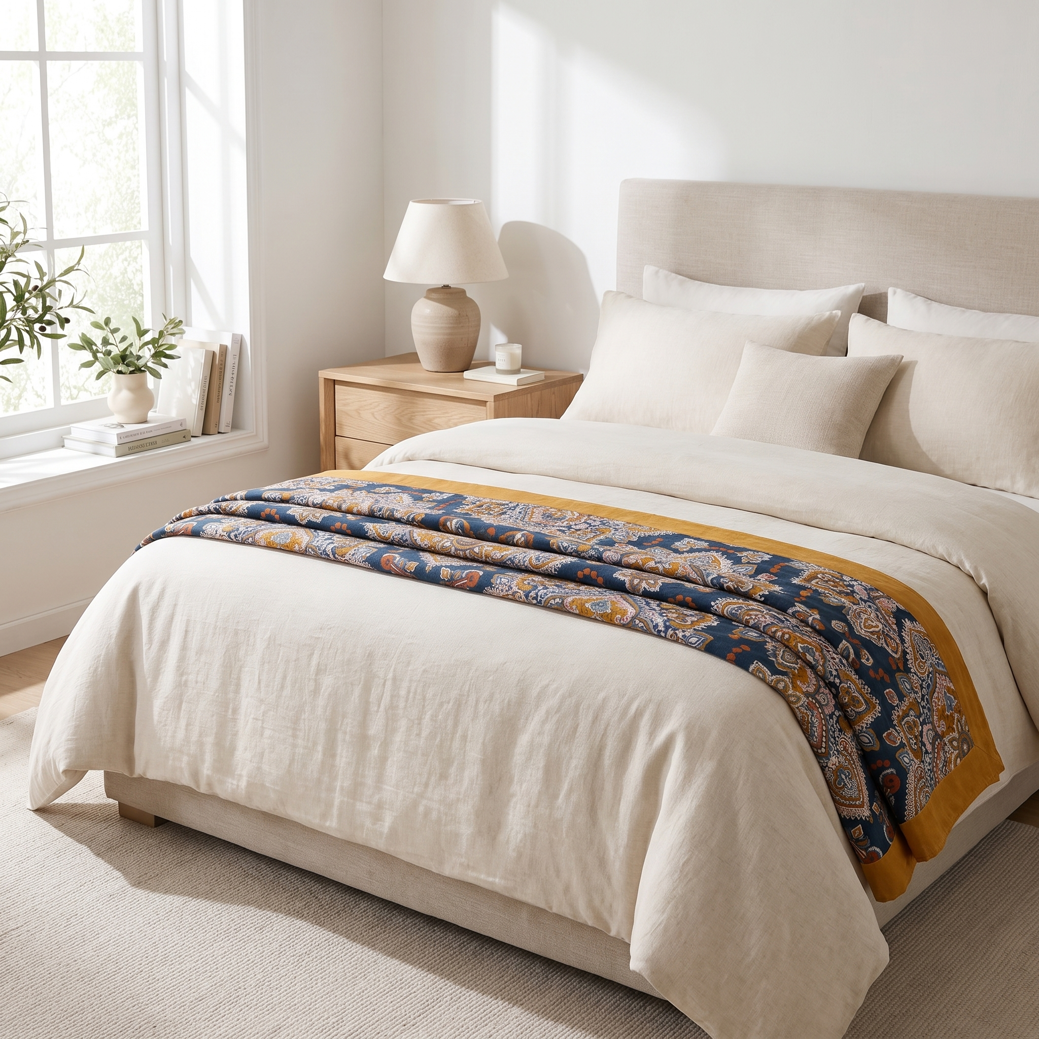 Navy boho cotton throw folded at the foot of a bright modern bed