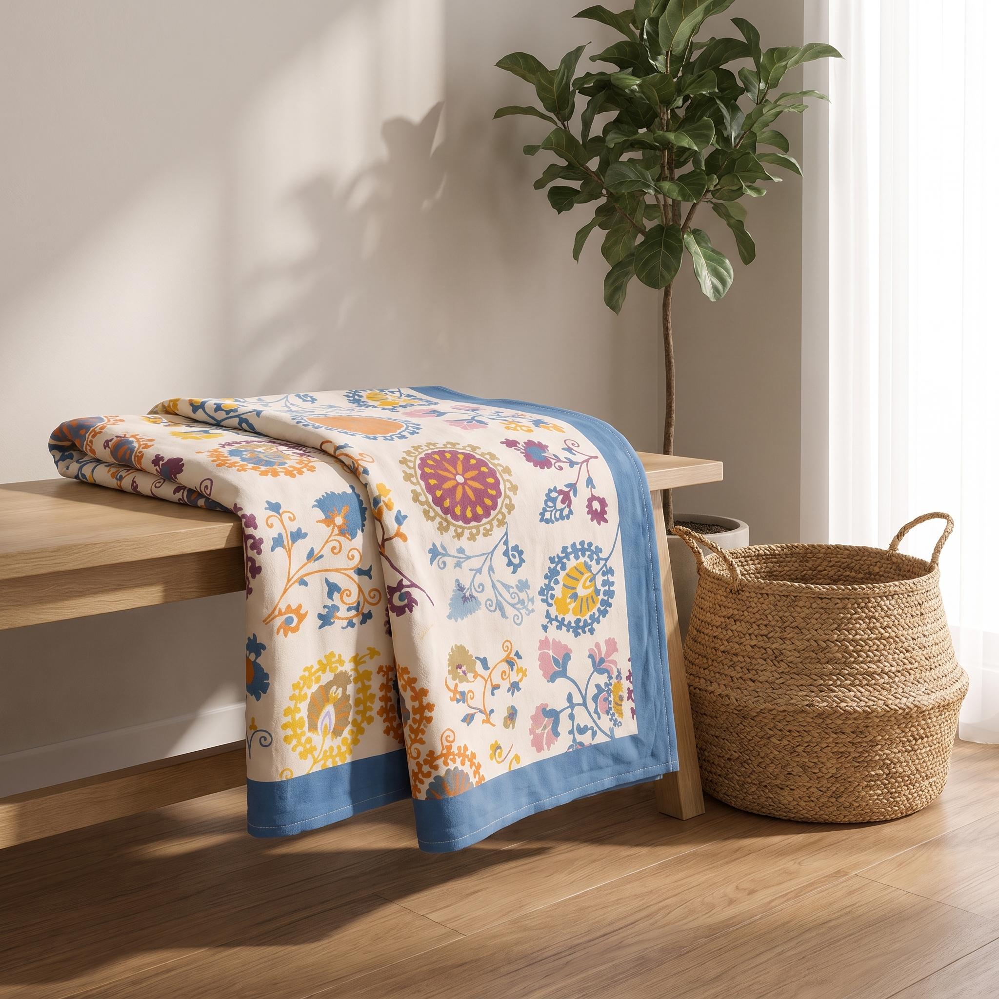 Cream Suzani cotton throw folded over a wooden bench in a sunny corner