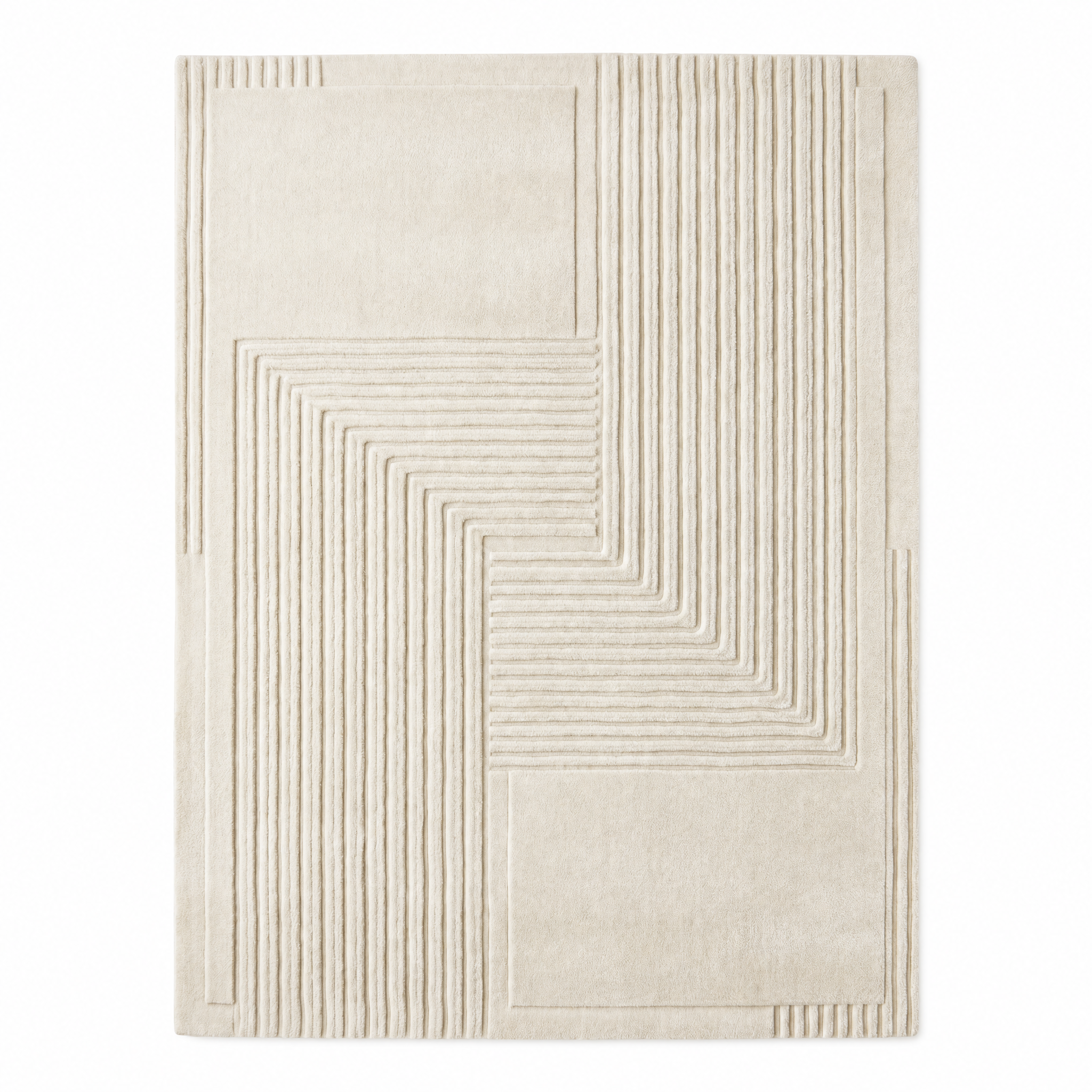 Percorso minimalist plush area rug carved linear maze on white
