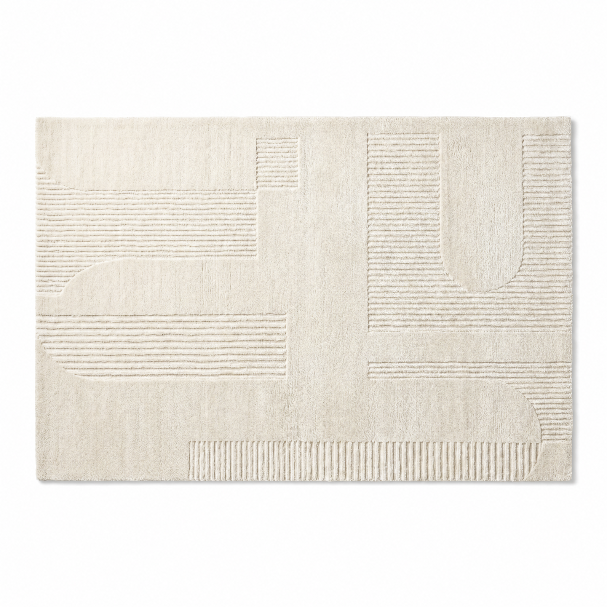 Intreccio minimalist plush area rug carved geometric pattern on white