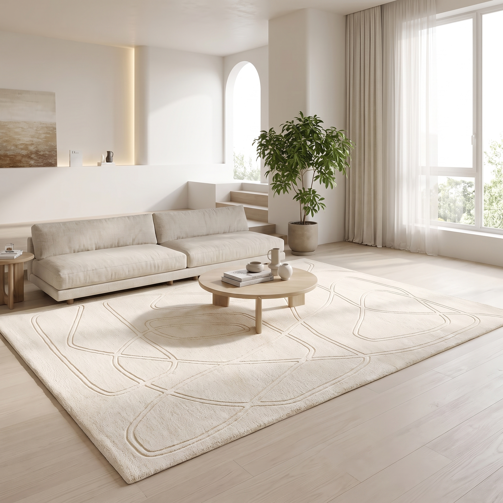 Onde cream plush rug anchoring a bright minimalist living room
