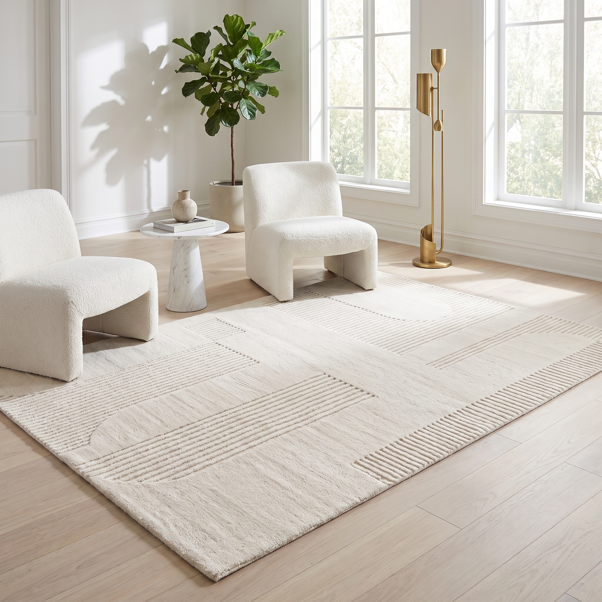 Intreccio cream plush rug under lounge chairs in a bright room