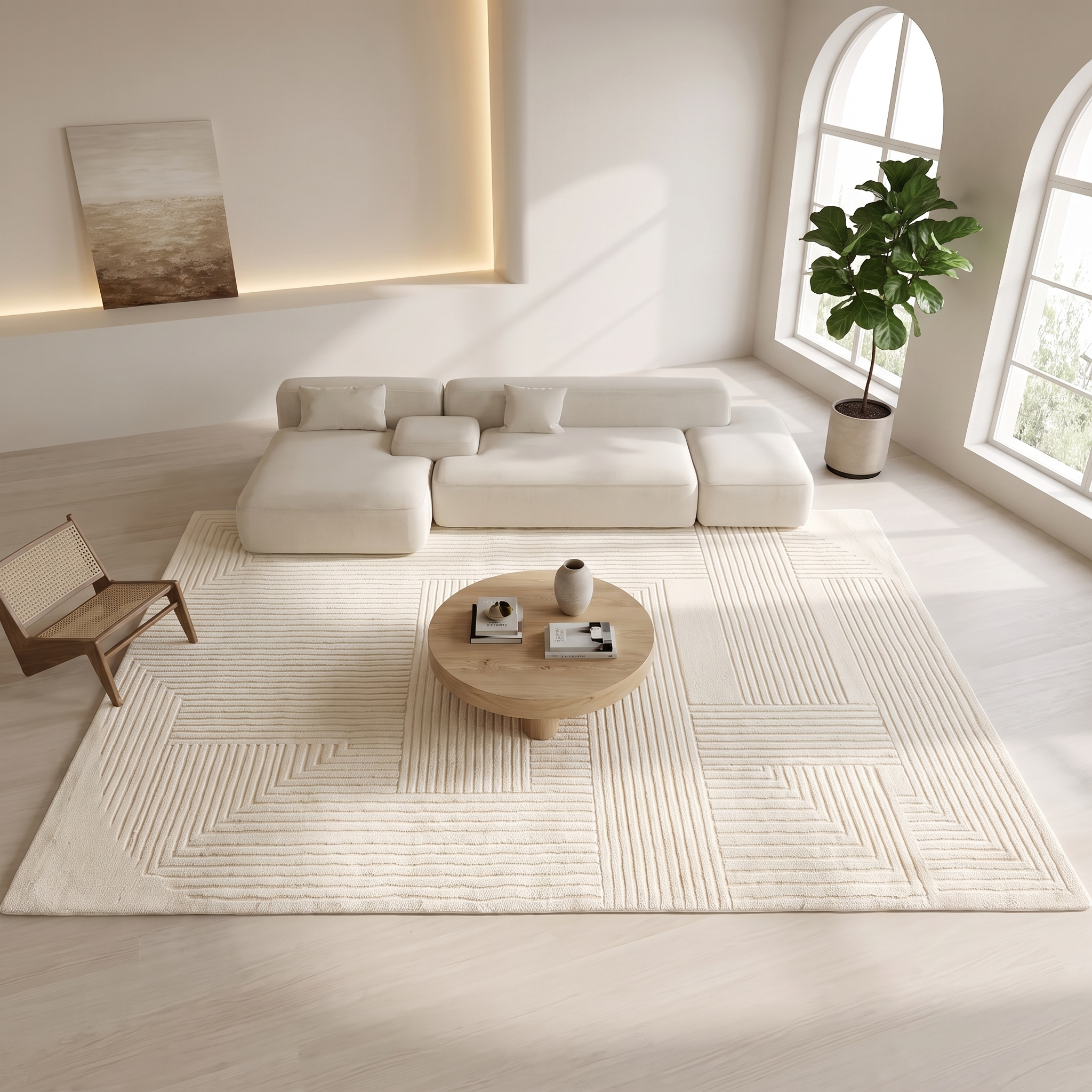Labirinto cream plush rug in a minimalist living room
