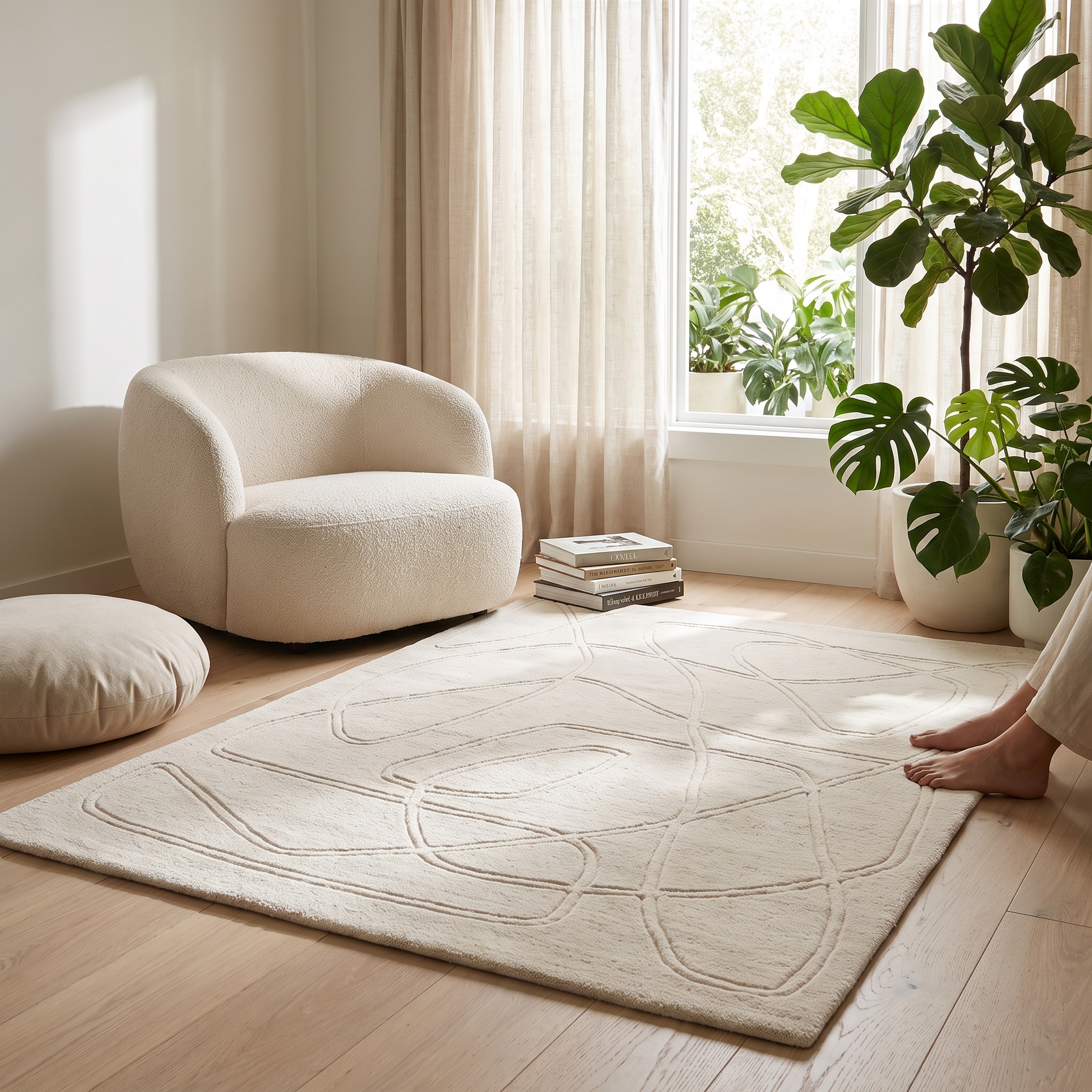 Onde cream plush rug in a bright reading nook