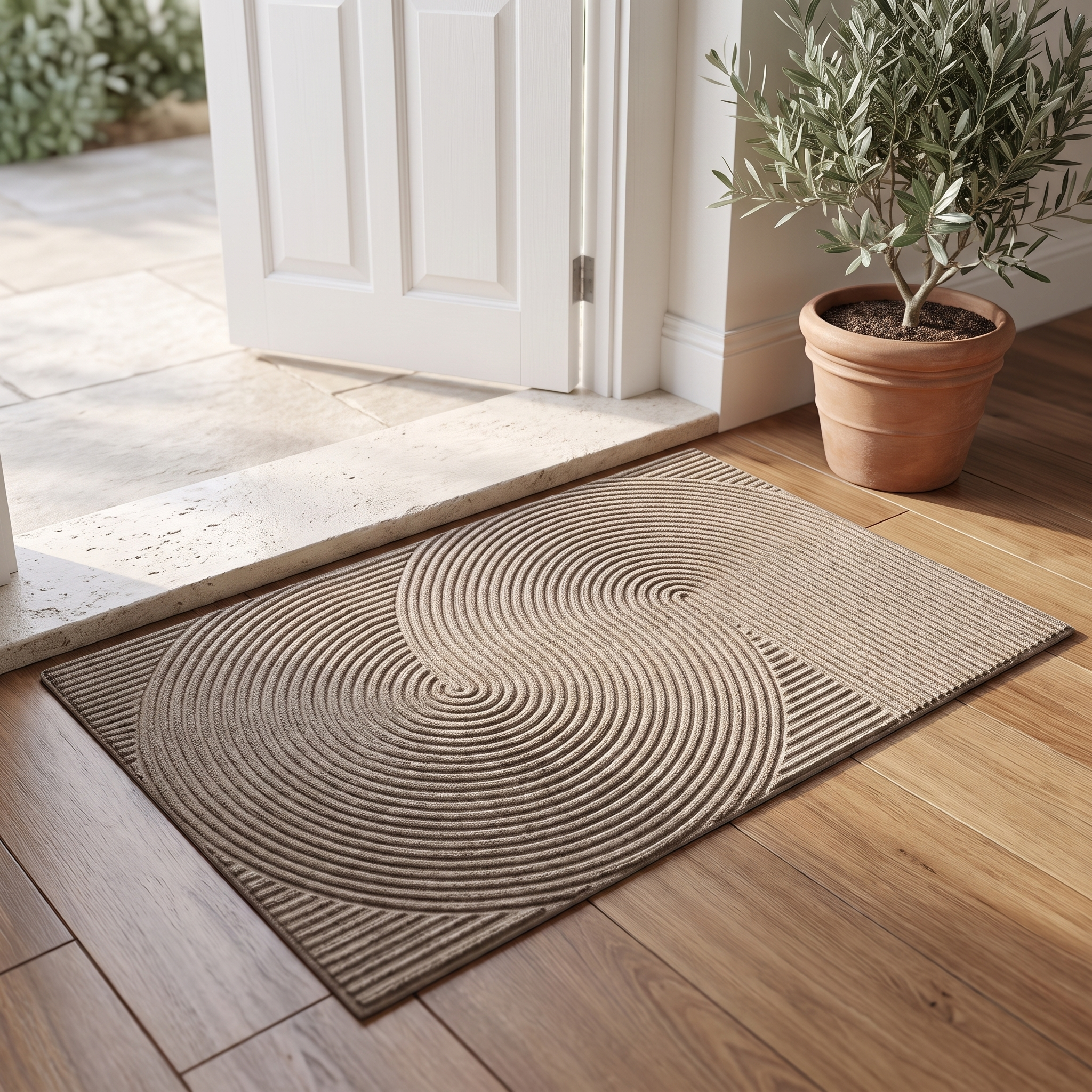 Khaki 3D groove doormat at a bright modern front entryway
