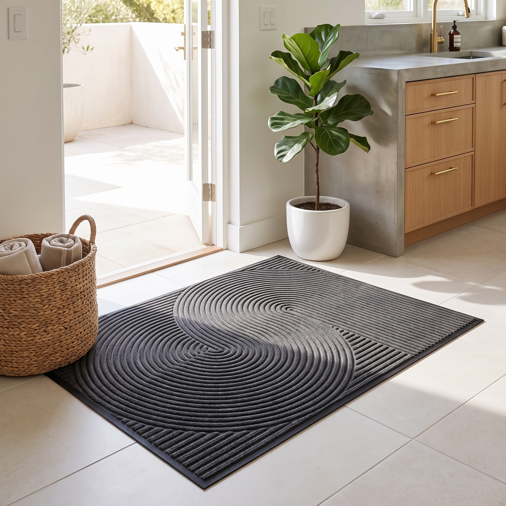 Dark gray 3D groove doormat at a bright kitchen back door