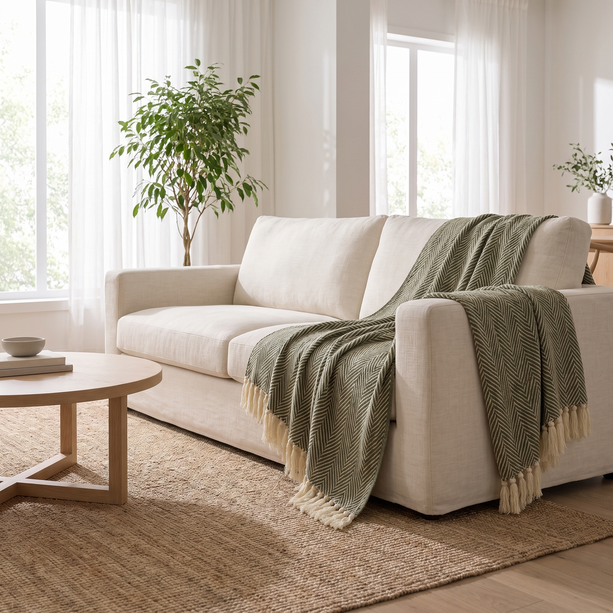 Moss green herringbone knit throw draped over a sofa in a bright living room