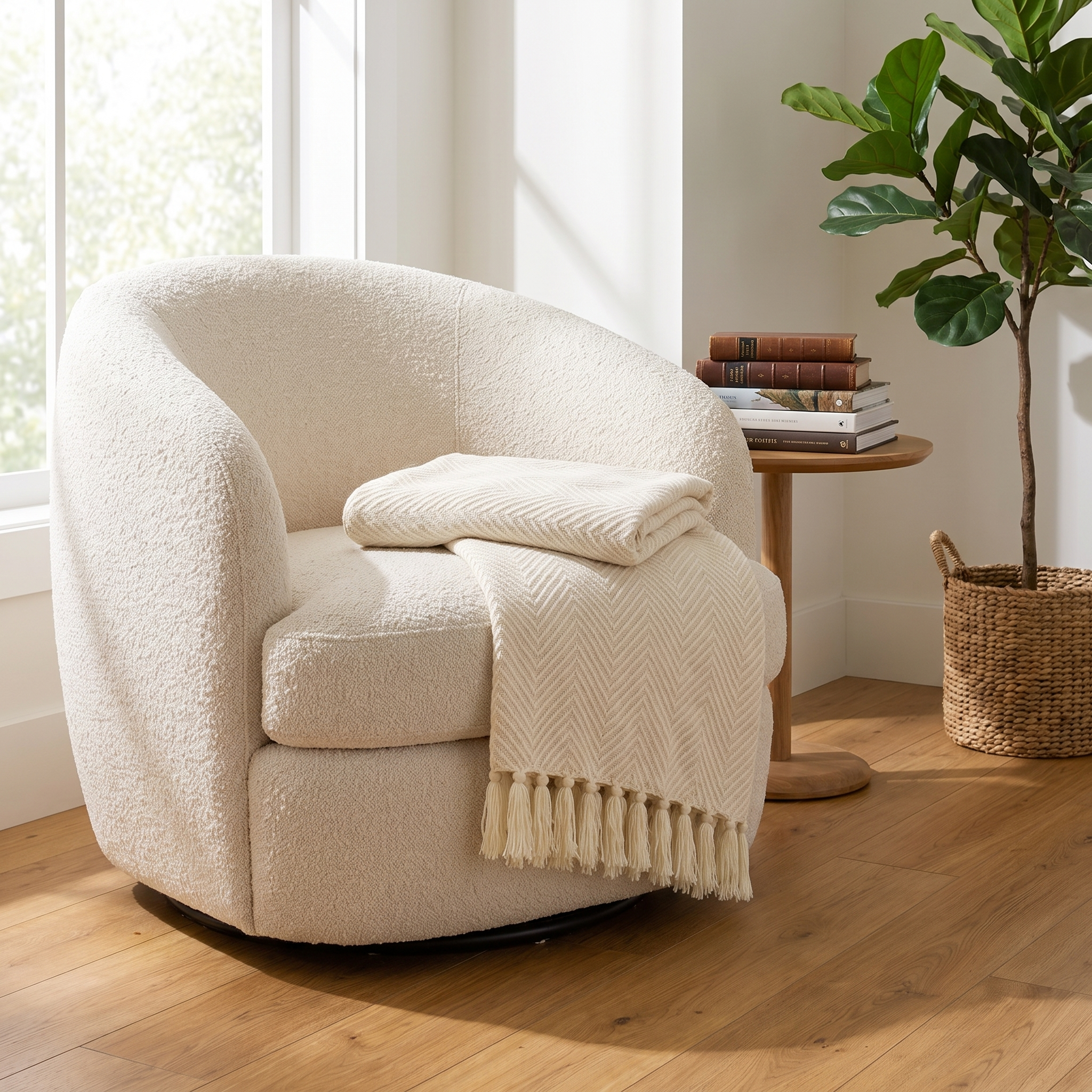 Linen white herringbone knit throw over a boucle reading chair