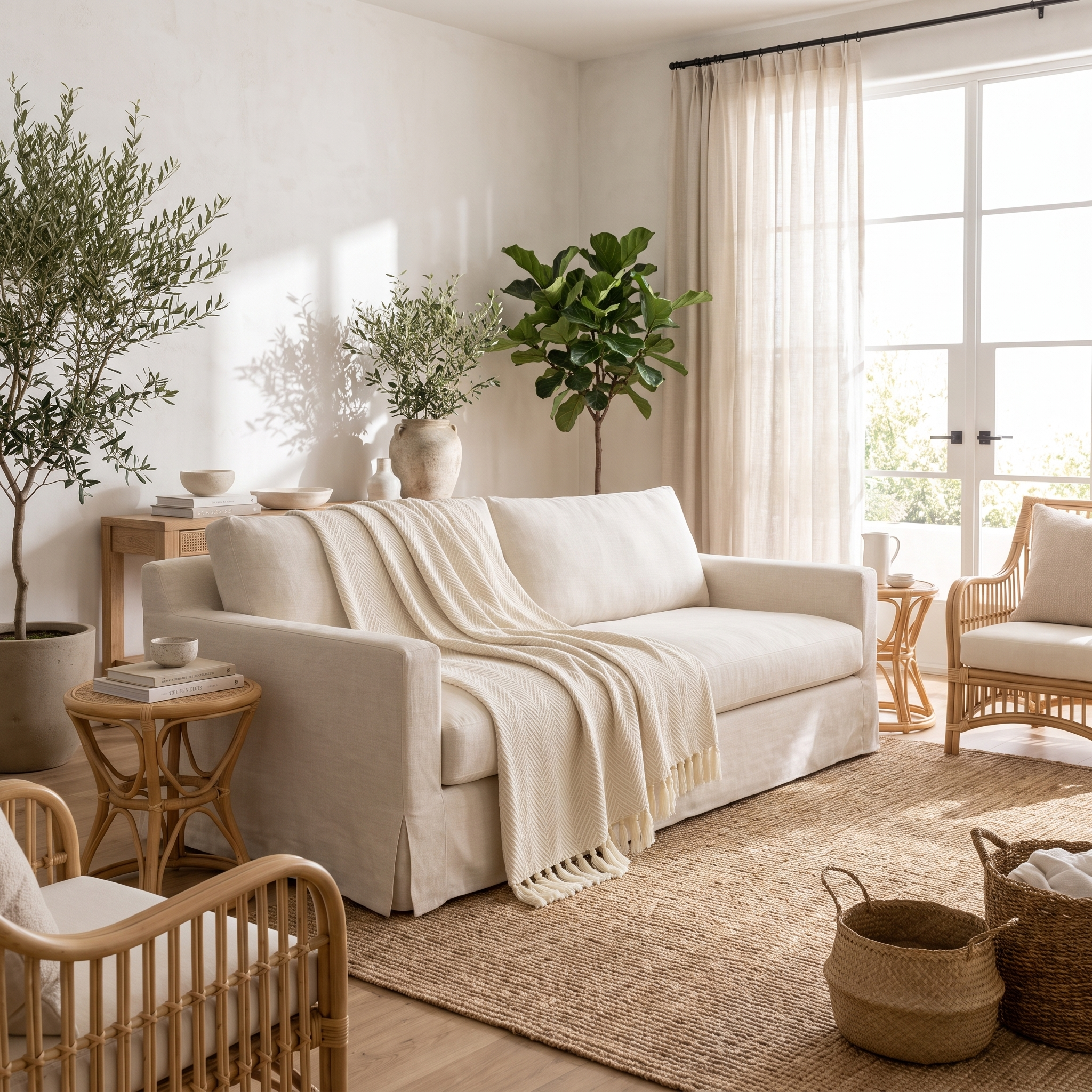Linen white herringbone knit throw over a sofa in a coastal living room