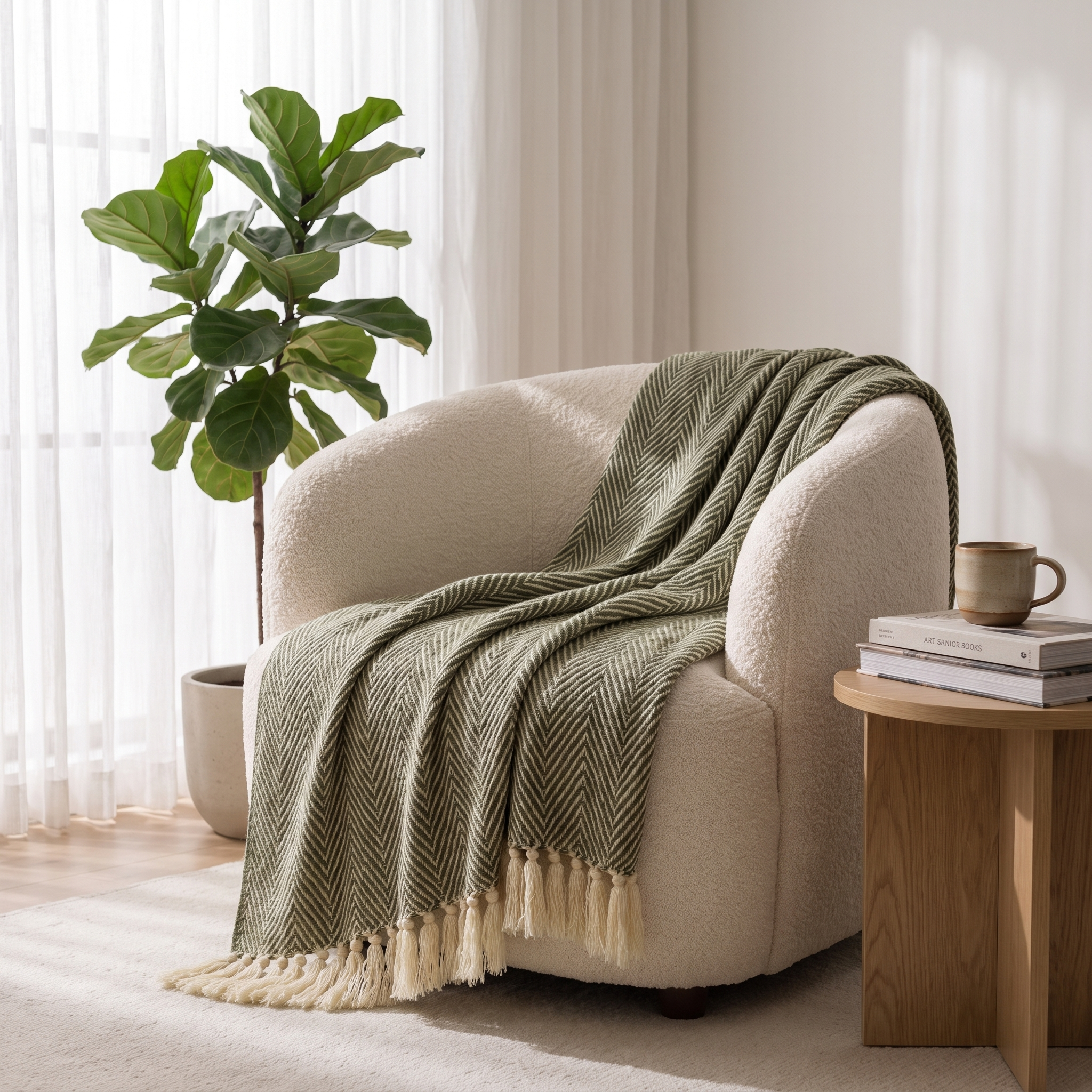 Moss green herringbone knit throw over a cozy armchair by a window