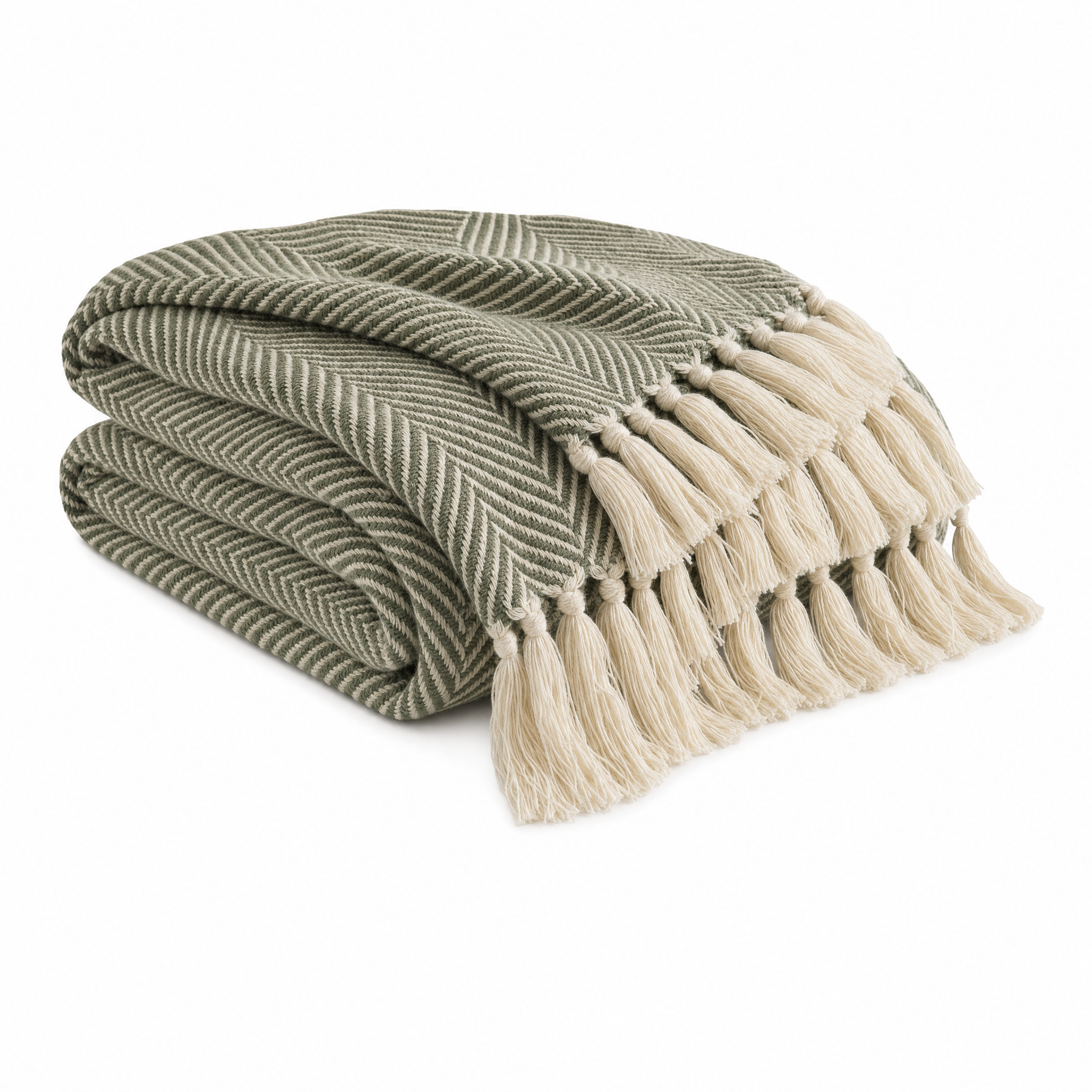 Spiga Dolce moss green herringbone knit throw with fringe on white