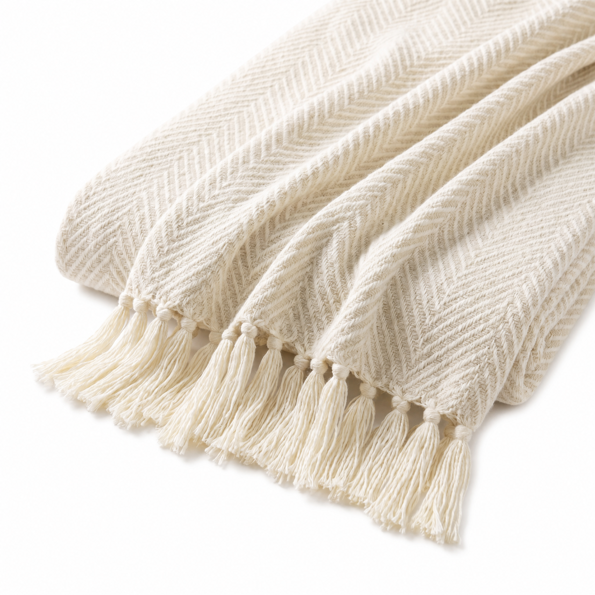 Spiga Dolce linen white herringbone knit throw with fringe on white
