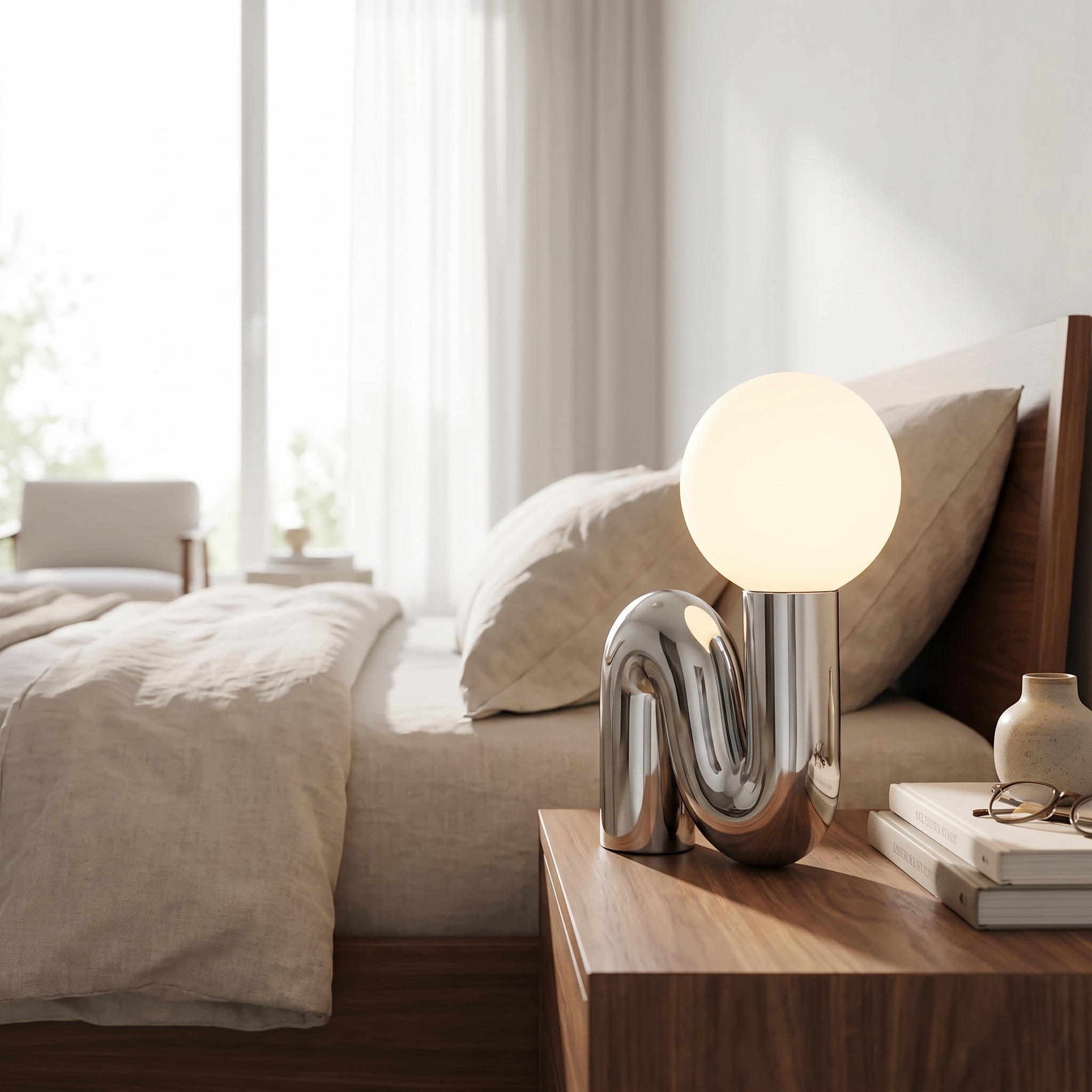 Ricciolo Lucente chrome table lamp on a bedside nightstand