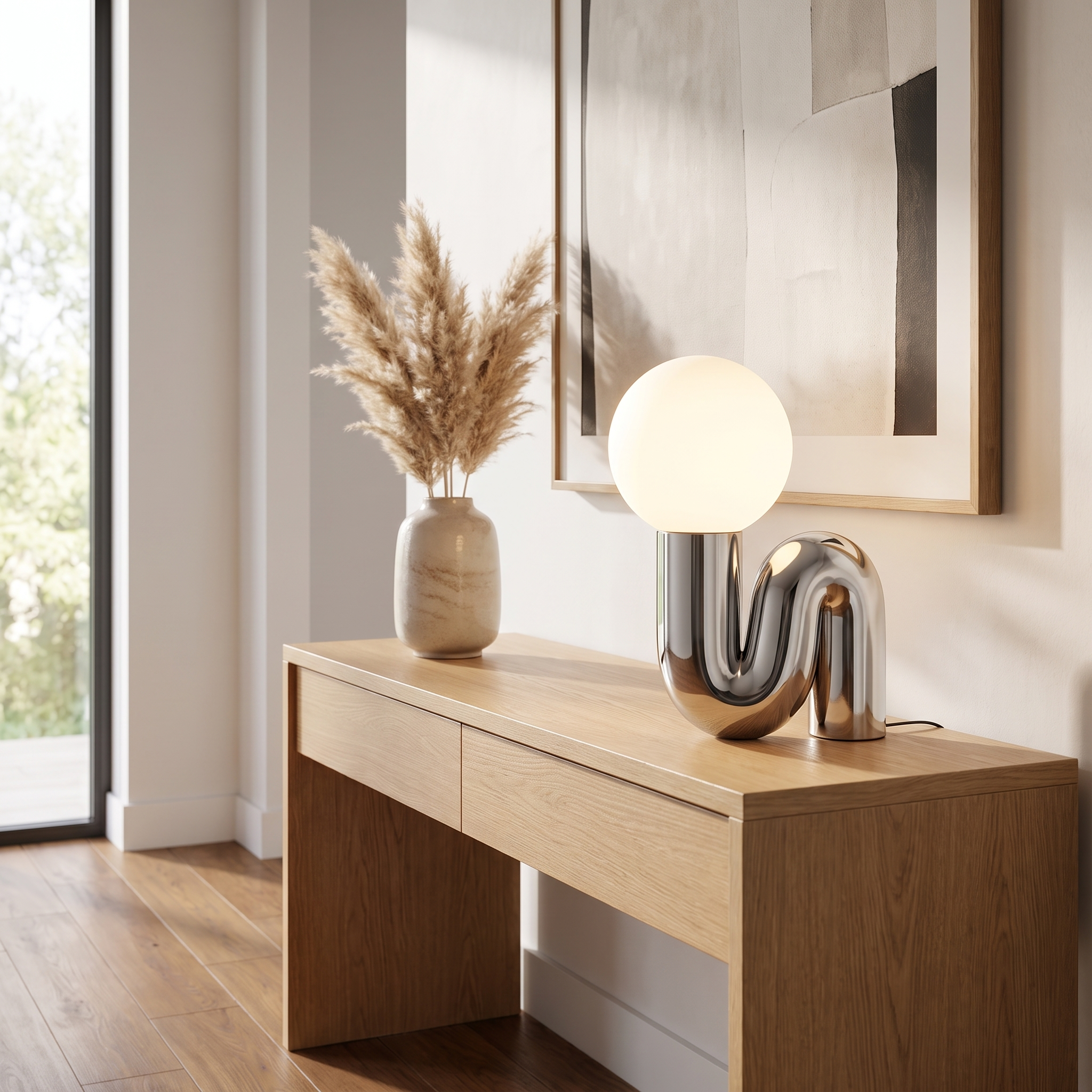 Ricciolo Lucente chrome sculptural table lamp glowing on an entryway console
