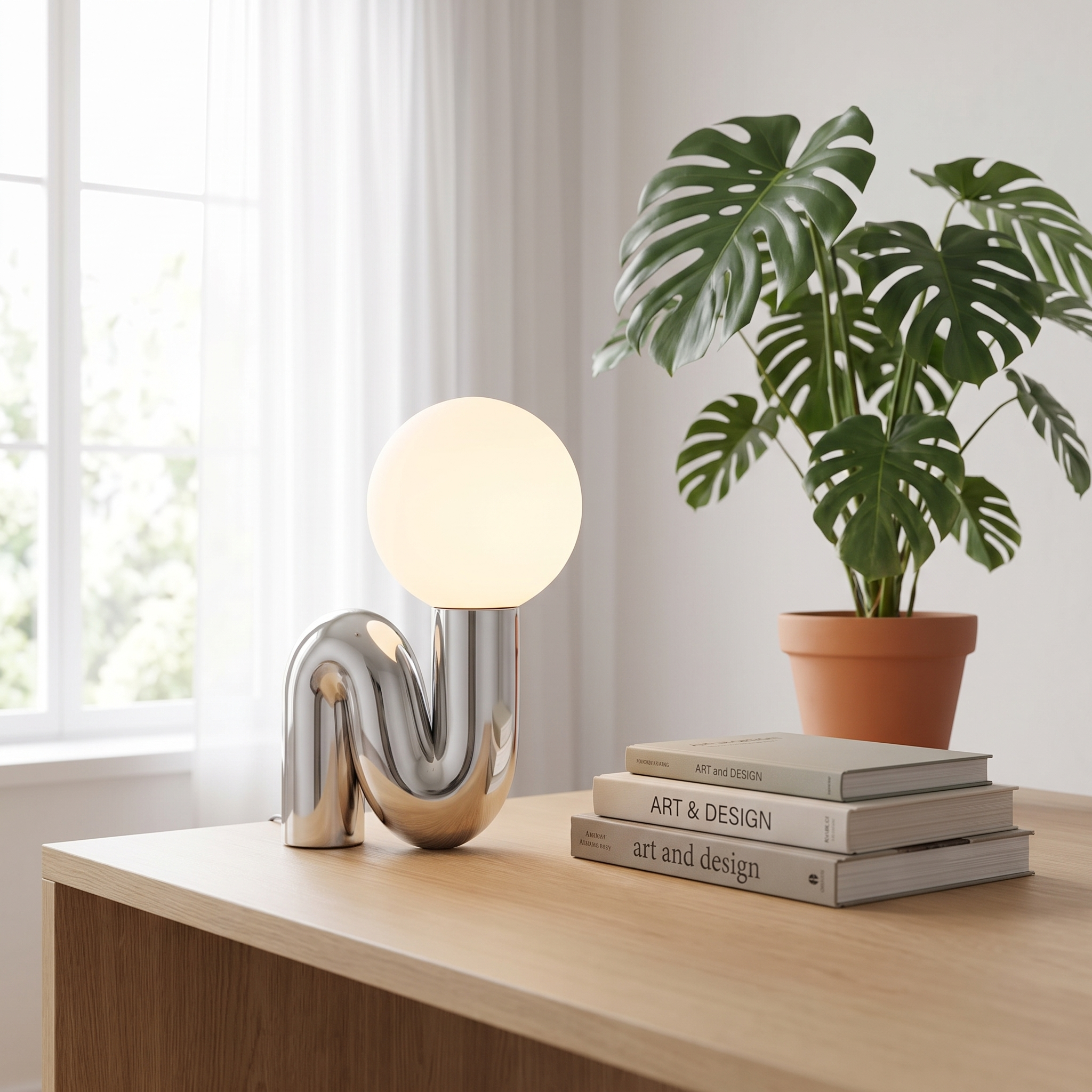 Ricciolo Lucente chrome table lamp on a bright oak desk