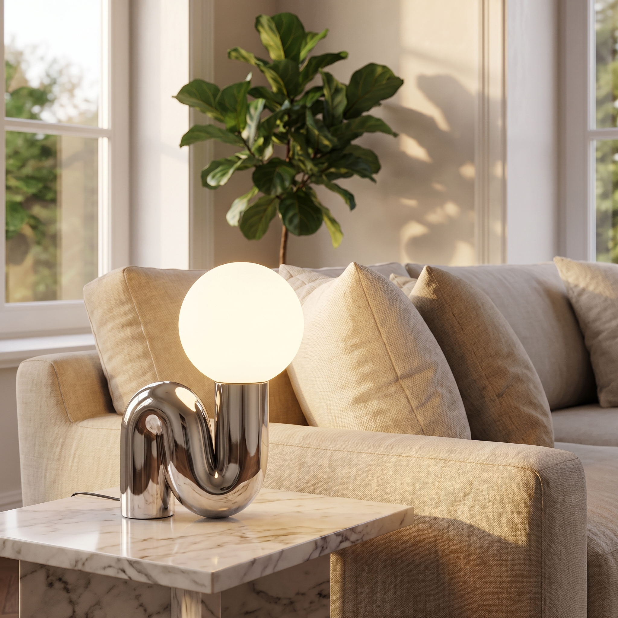 Ricciolo Lucente chrome table lamp glowing in a living room at dusk