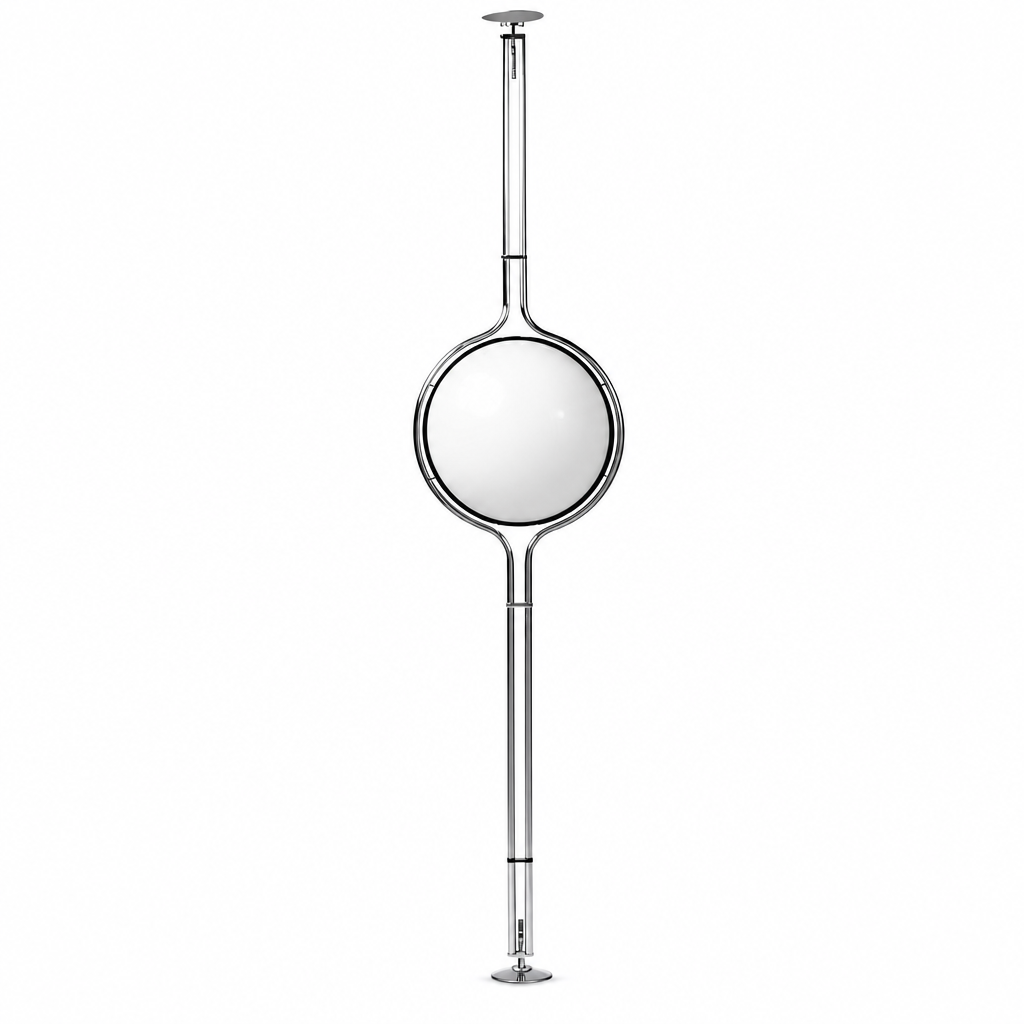 Sfera Sospesa floor-to-ceiling globe lamp in polished chrome, on white