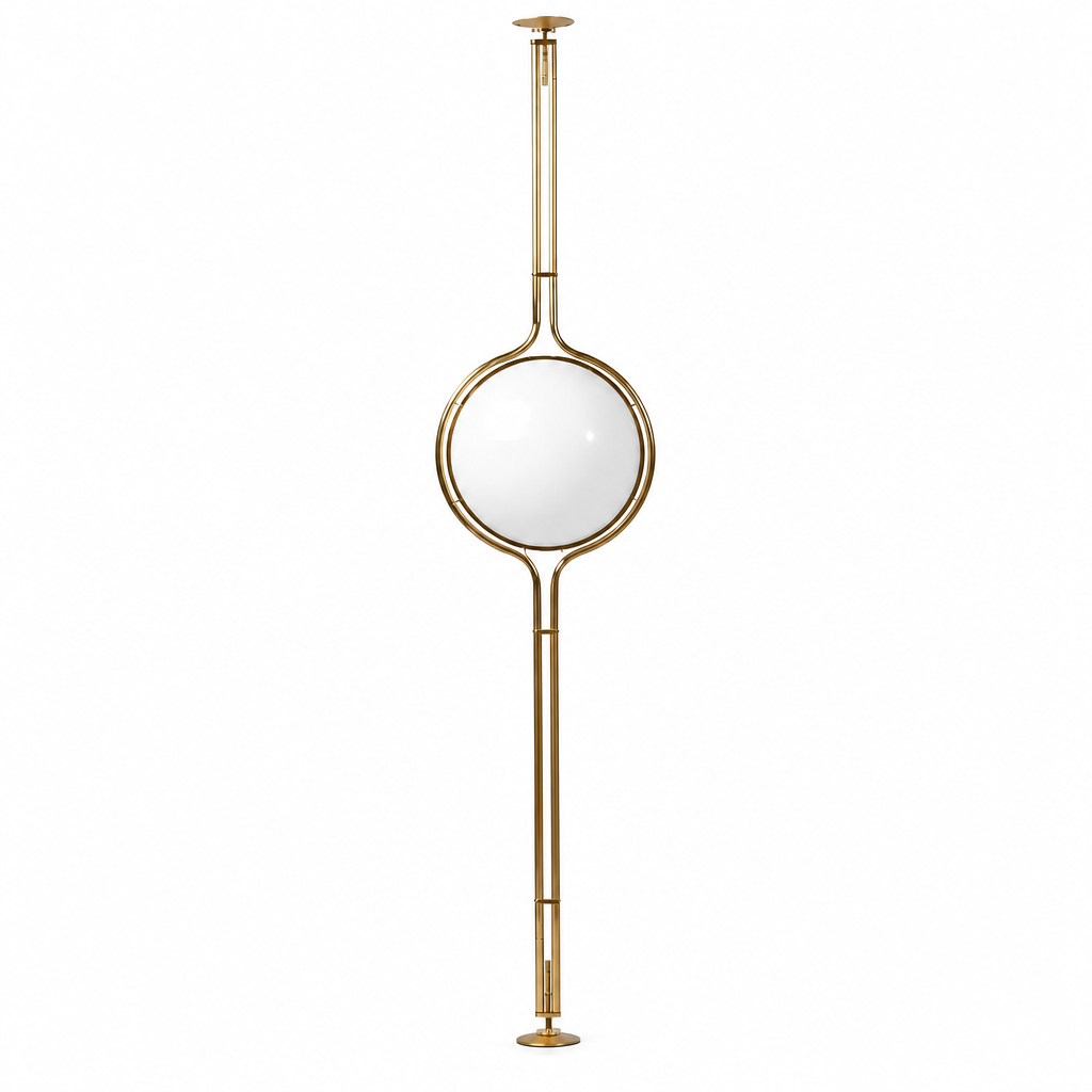 Sfera Sospesa floor-to-ceiling globe lamp in brushed gold, on white