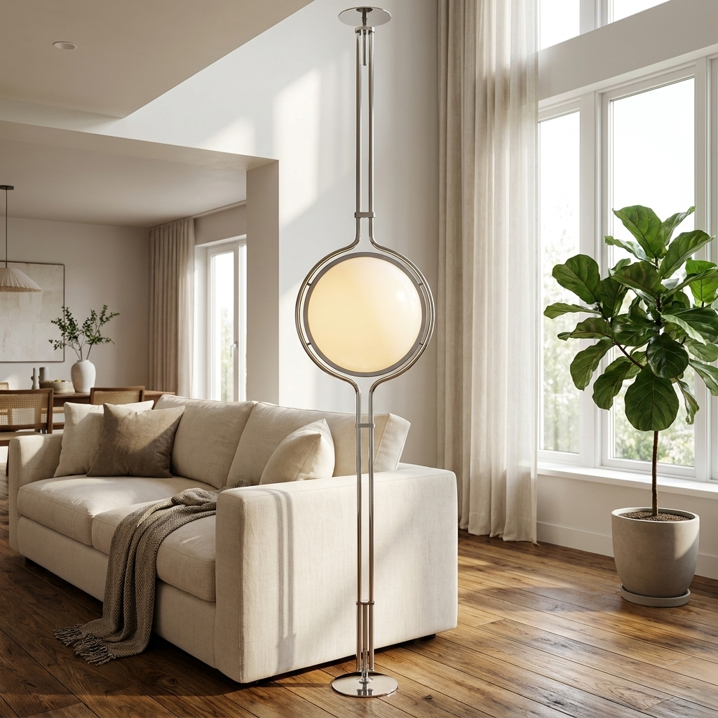 Chrome Sfera Sospesa floor-to-ceiling lamp glowing in a bright living room