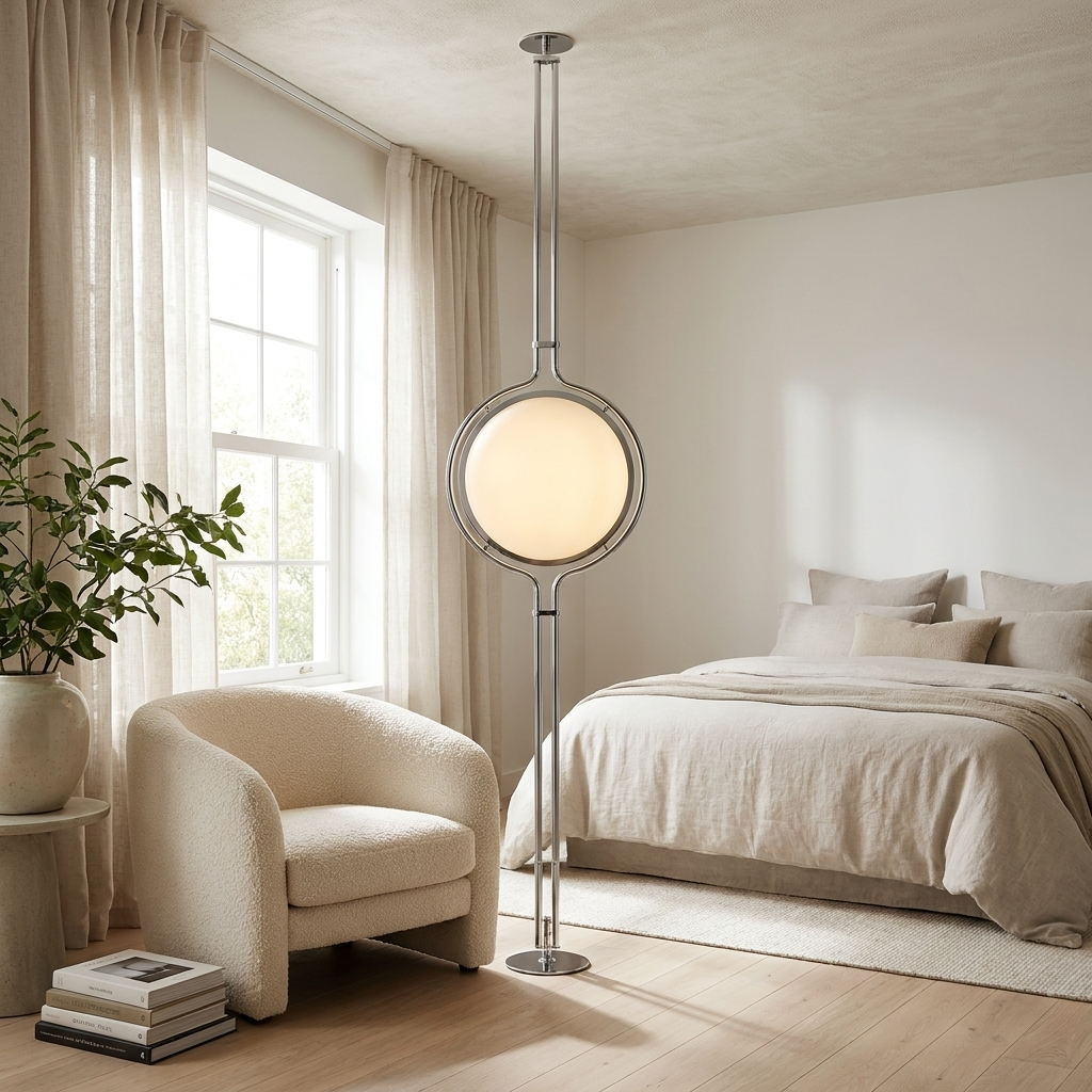 Chrome Sfera Sospesa floor-to-ceiling lamp in a bright bedroom