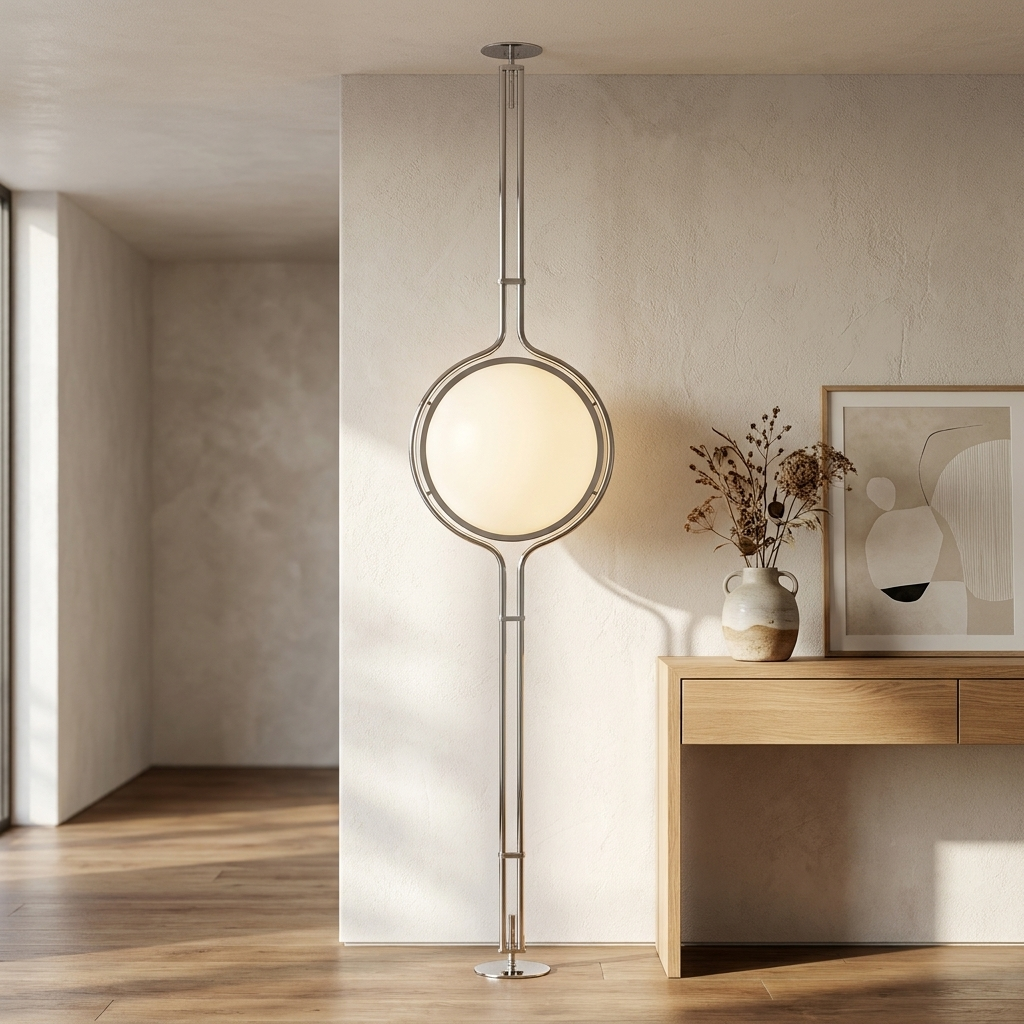 Chrome Sfera Sospesa floor-to-ceiling lamp in a bright entryway