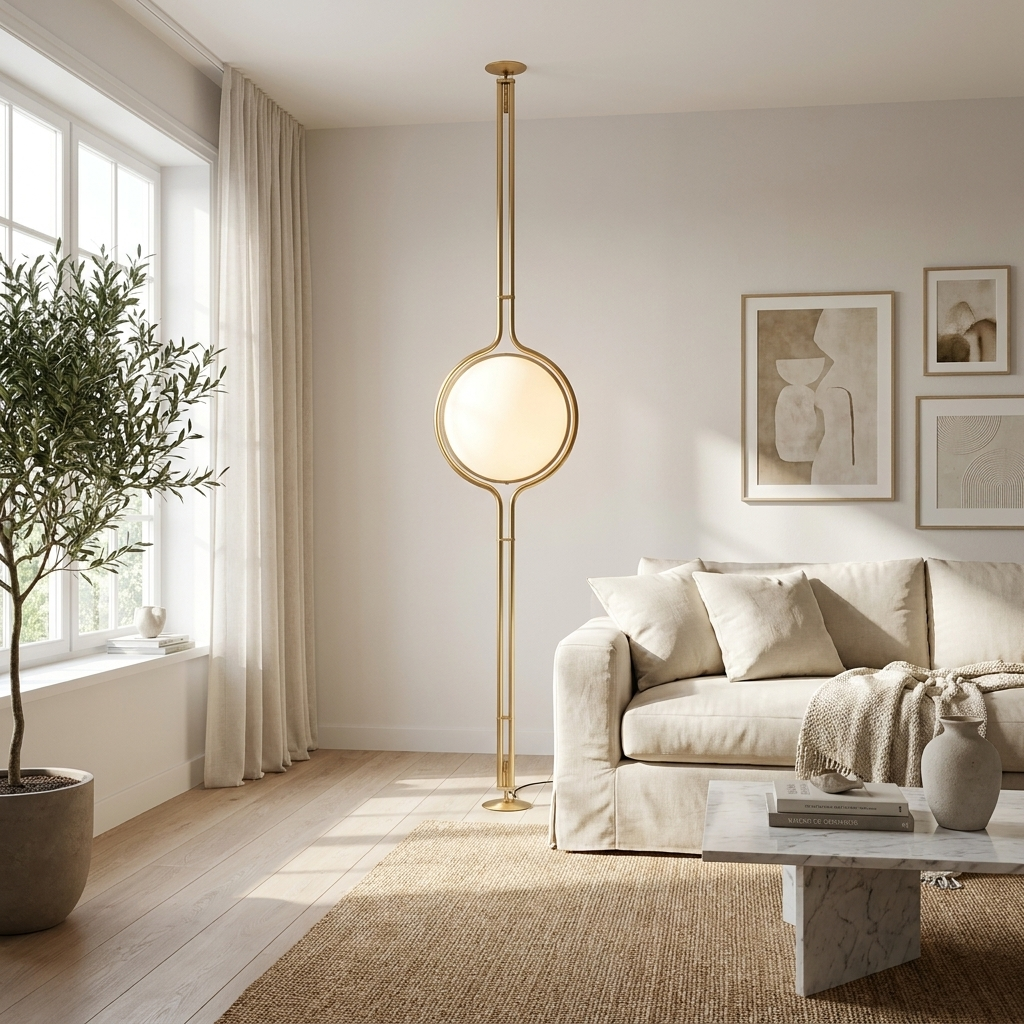 Brushed gold Sfera Sospesa floor-to-ceiling lamp glowing in a bright living room
