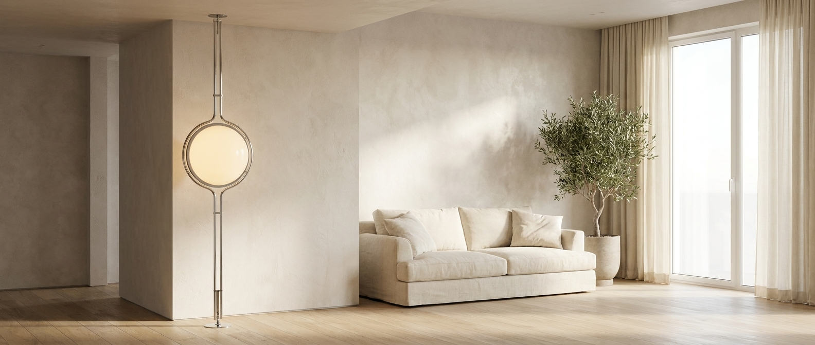 Chrome Sfera Sospesa floor-to-ceiling globe lamp glowing in a bright airy living room