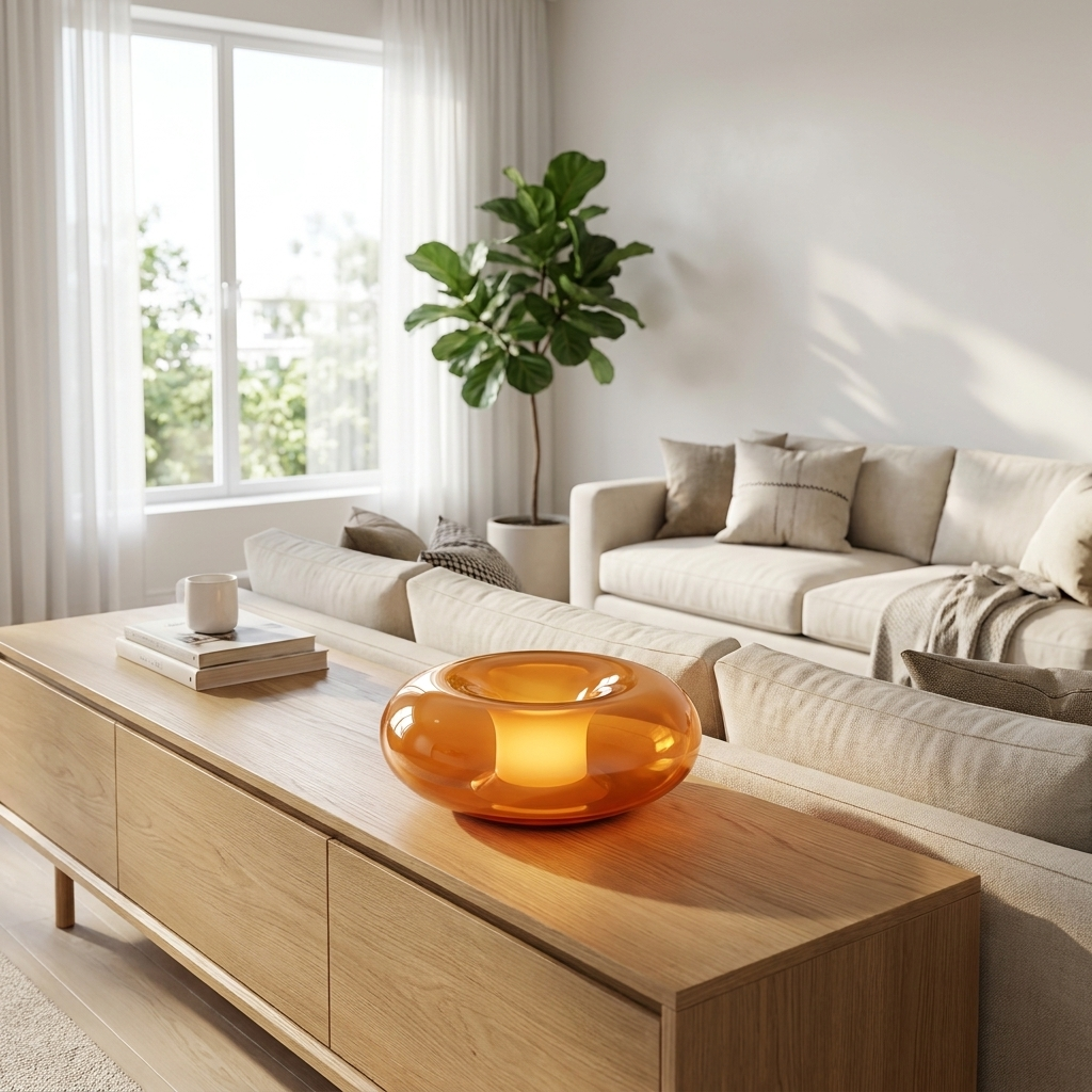 Sole Ambrato amber donut lamp glowing on a media console in a bright living room