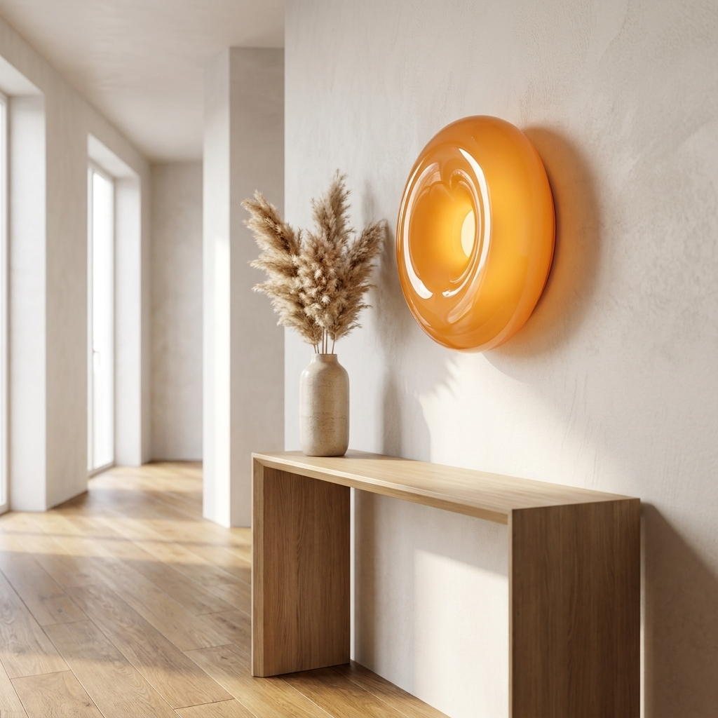 Sole Ambrato amber donut lamp wall-mounted in a bright hallway