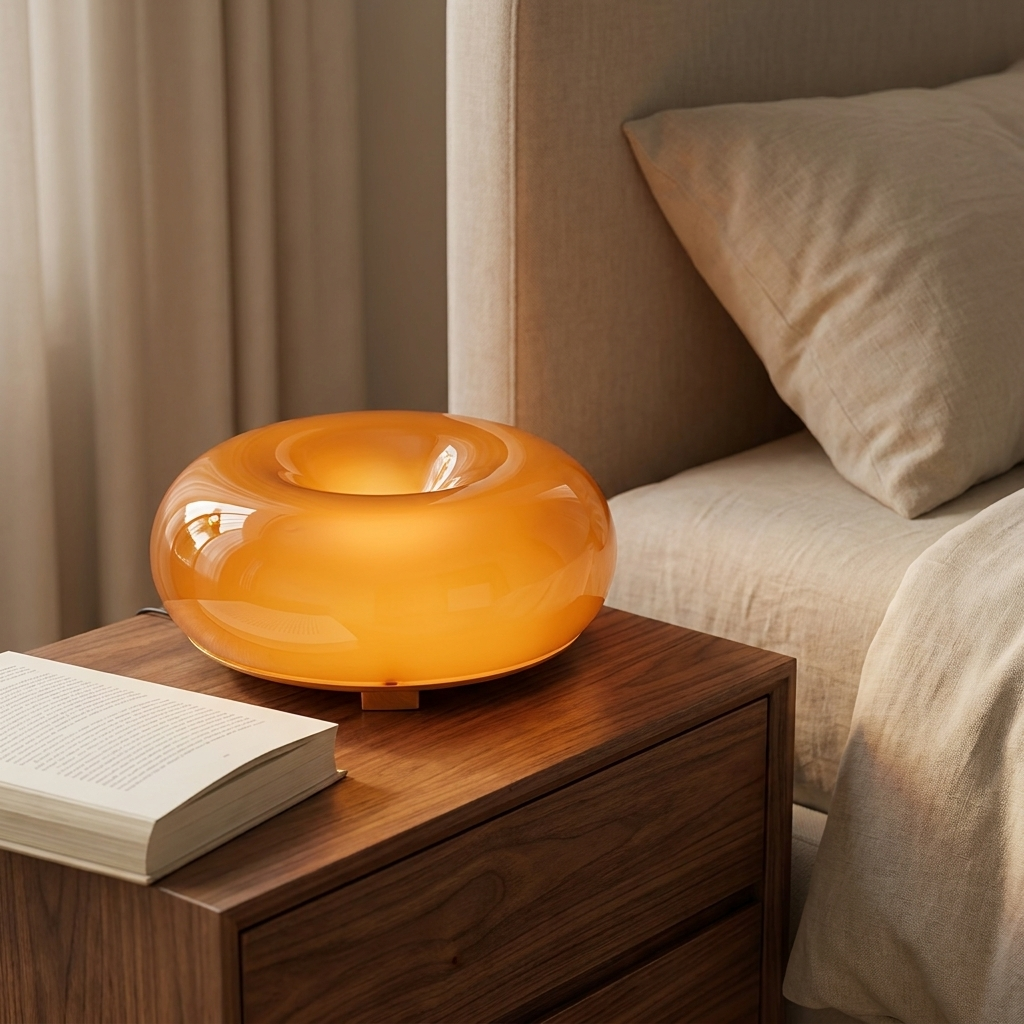Sole Ambrato amber donut lamp glowing on a bedside nightstand at night