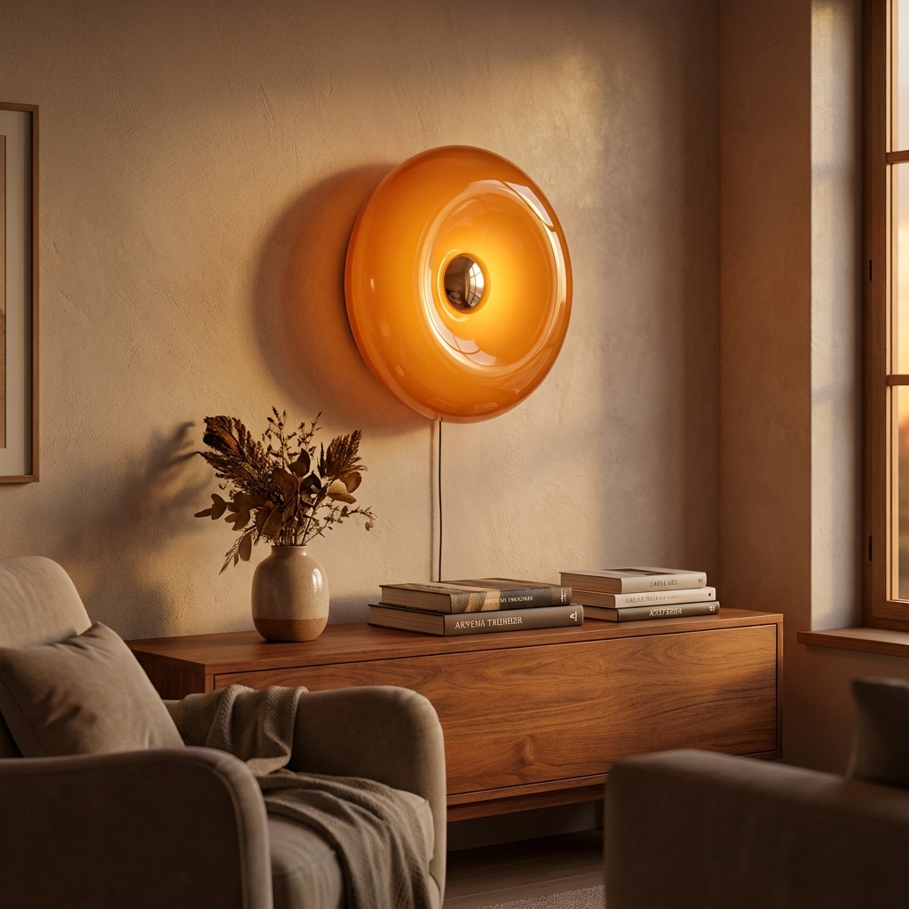 Sole Ambrato amber donut lamp wall-mounted and glowing warm in a cosy living room
