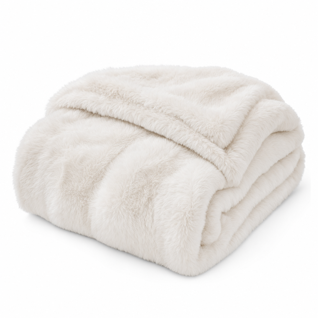 Carezza Sontuosa faux fur throw blanket in ivory white, folded on white