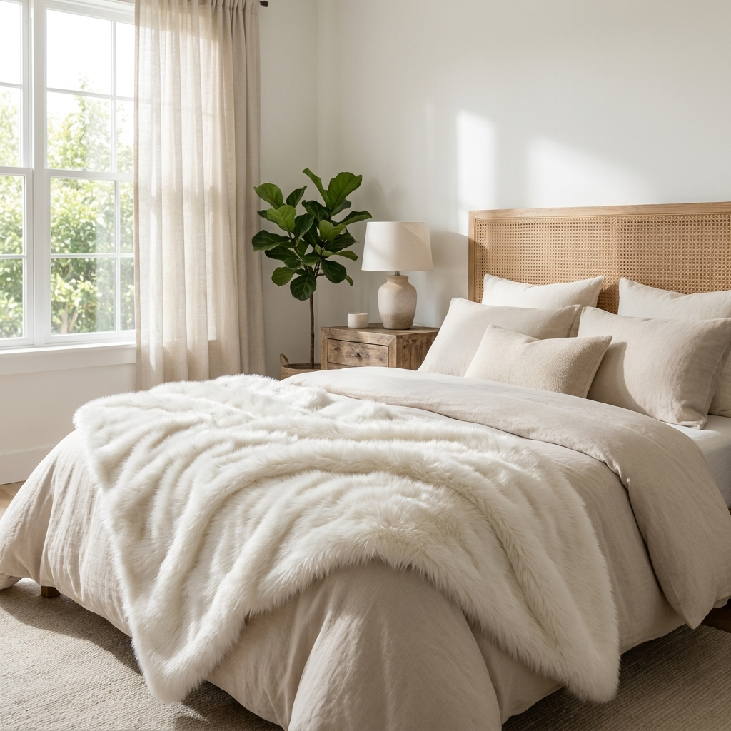 Ivory white Carezza Sontuosa faux fur throw layered on a bed in a bright bedroom