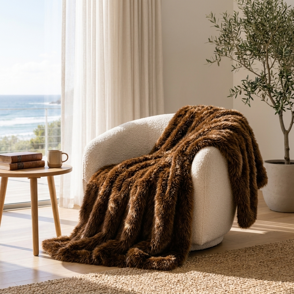 Coffee Carezza Sontuosa faux fur throw over a reading armchair in a bright nook