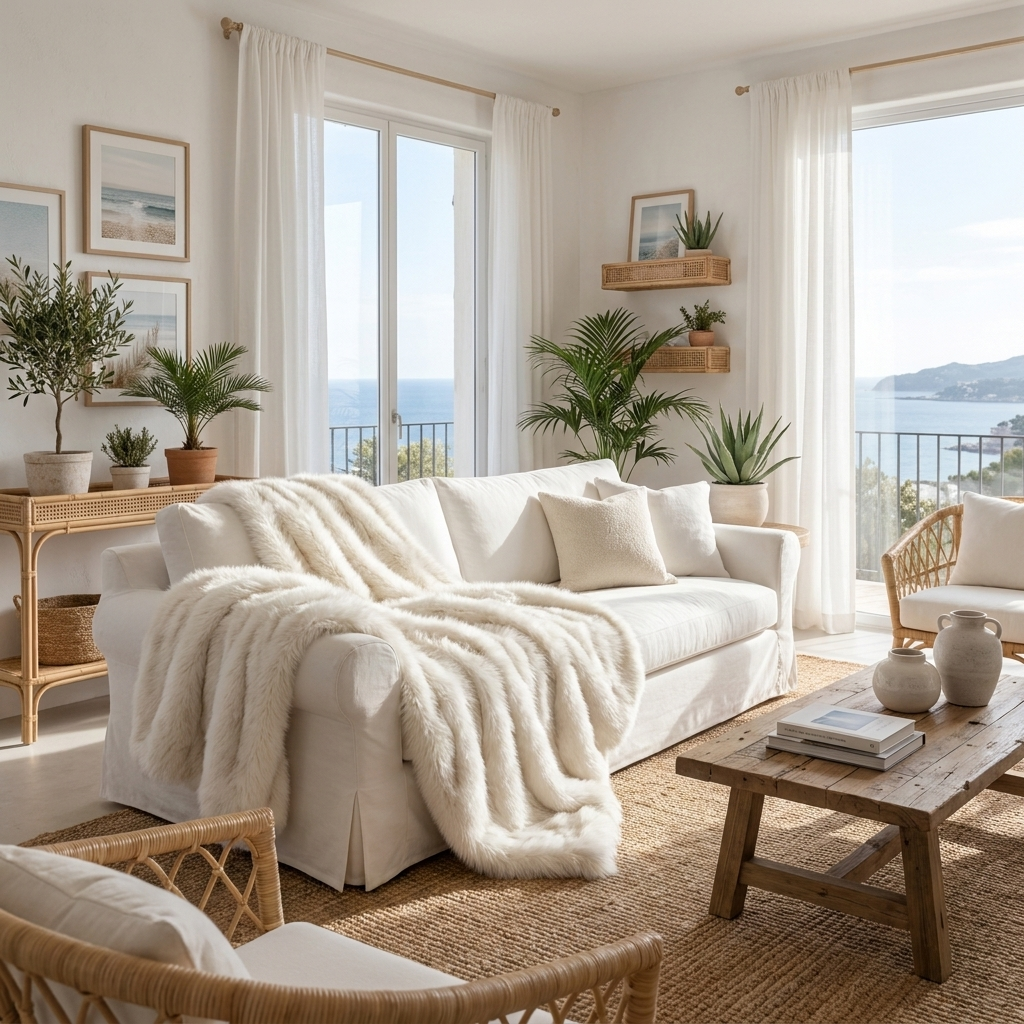 Ivory white Carezza Sontuosa faux fur throw draped over a sofa in a coastal living room