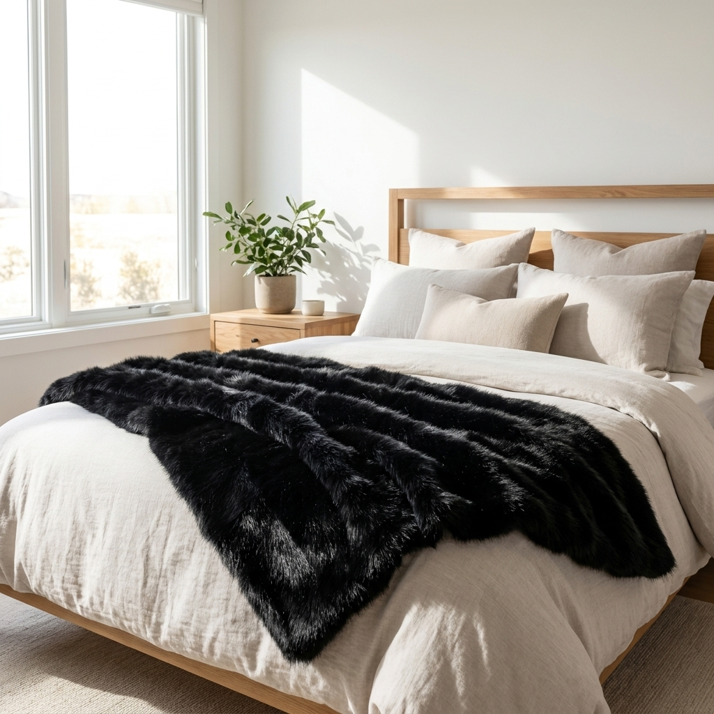 Black Carezza Sontuosa faux fur throw layered across a bed in a bright bedroom